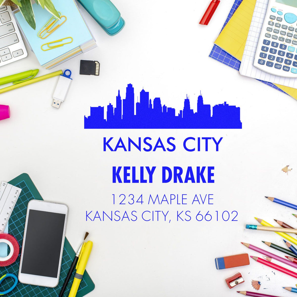 Custom Kansas City return address rubber stamp with skyline for Kelly Drake, 1234 Maple Ave, Kansas City, KS 66102.