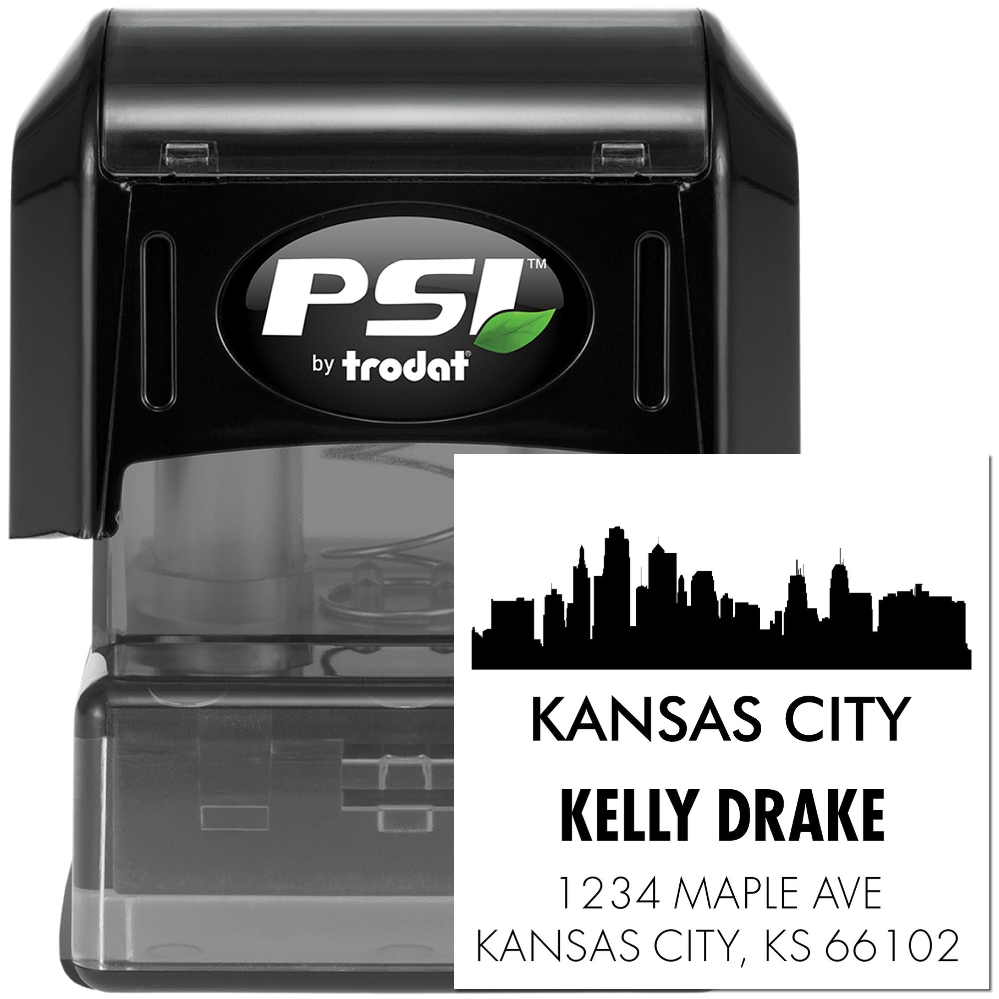 Custom self-inking return address rubber stamp with Kansas City skyline design, personalized for Kelly Drake by PSI Trodat.