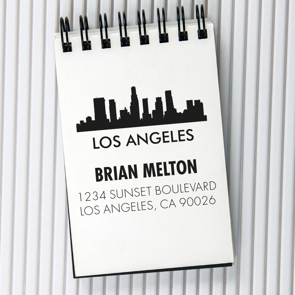 Personalized Los Angeles return address rubber stamp with skyline, name, and address for custom mailing labels