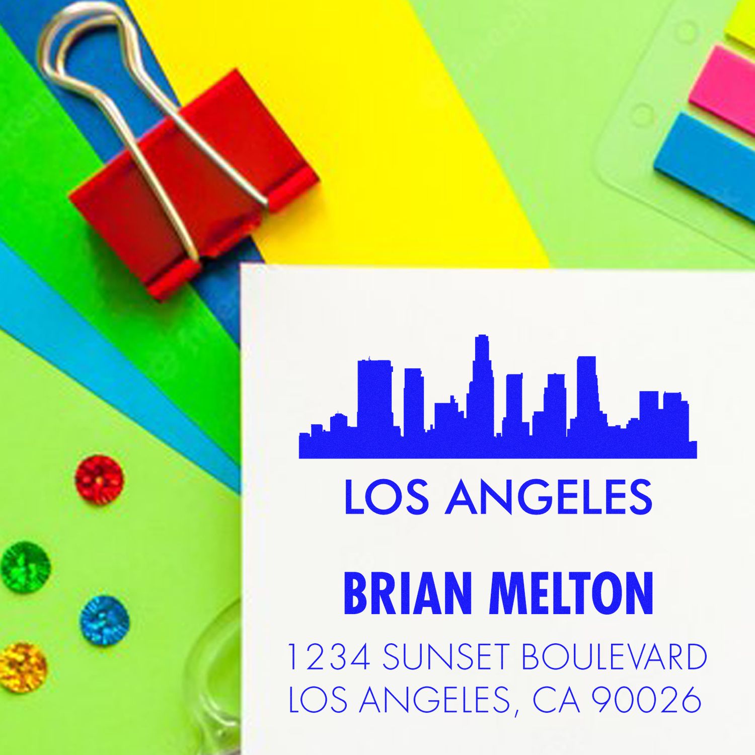 Custom Los Angeles address rubber stamp with skyline for Brian Melton, 1234 Sunset Boulevard, CA 90026.
