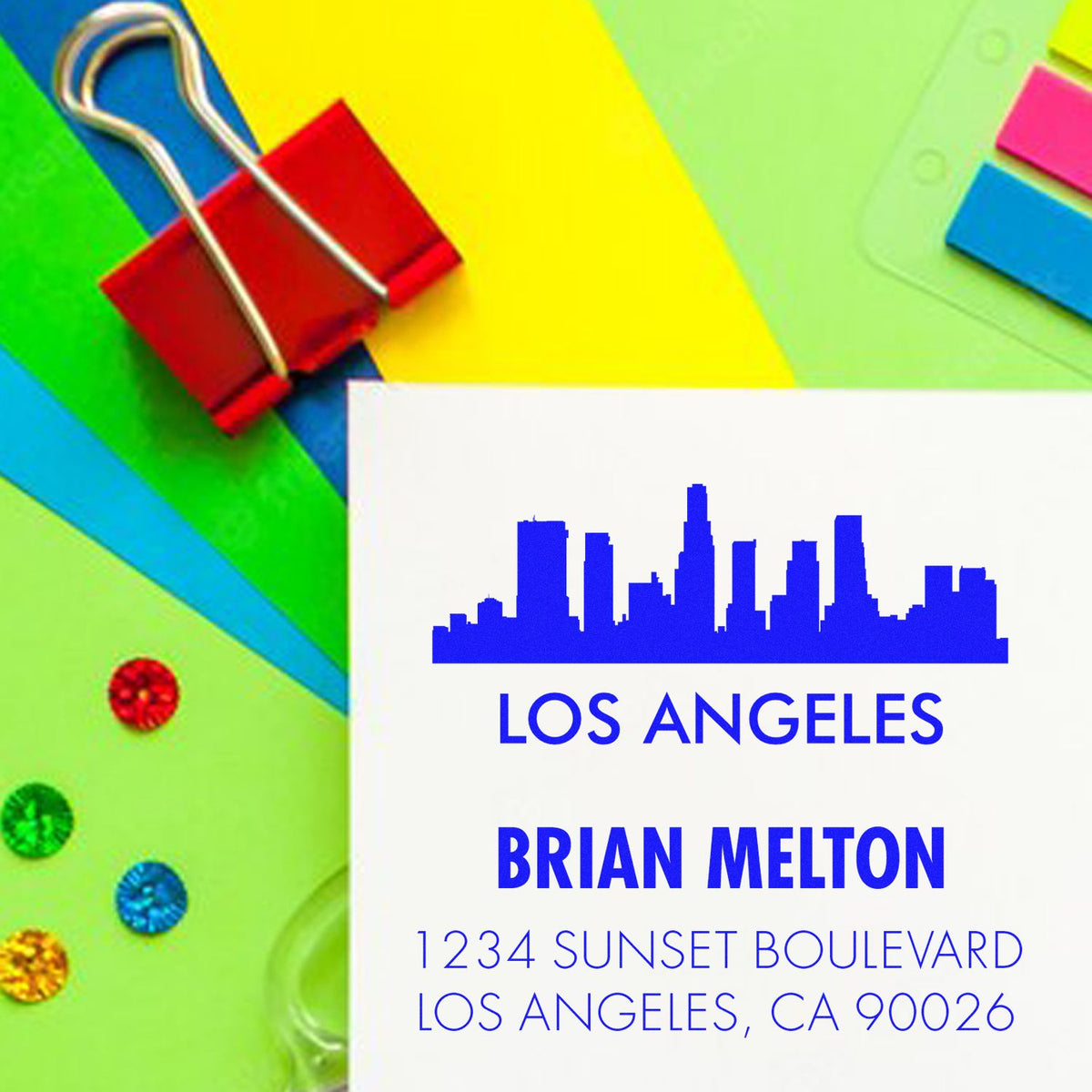 Custom Los Angeles return address rubber stamp for Brian Melton, 1234 Sunset Boulevard, Los Angeles, CA 90026.