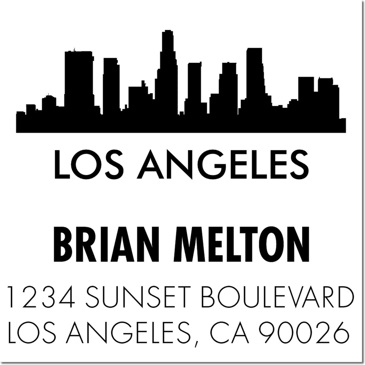 Personalized Los Angeles rubber address stamp with skyline, Brian Melton, and Sunset Boulevard return address.