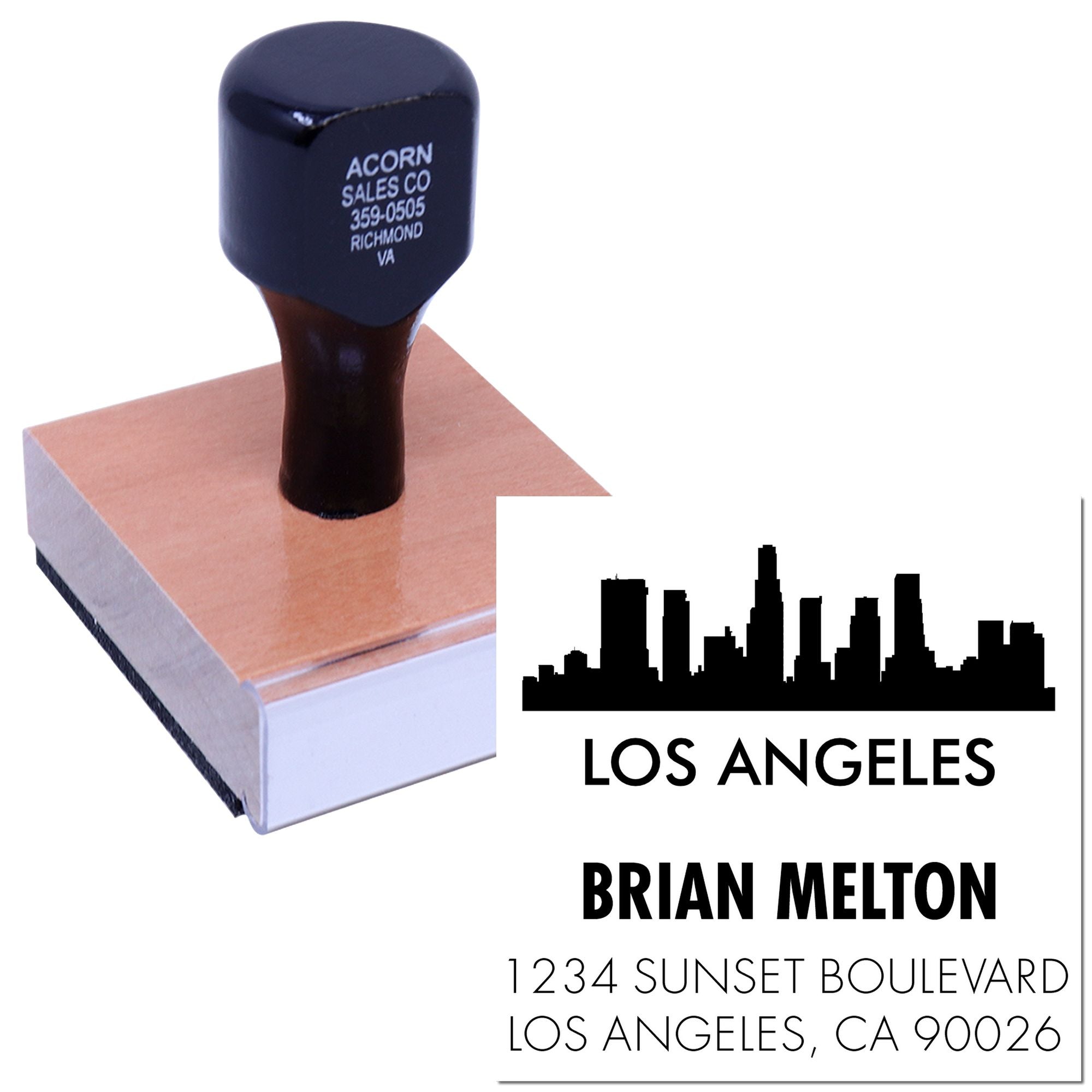 Custom rubber address stamp featuring Los Angeles skyline and Brian Melton return address design