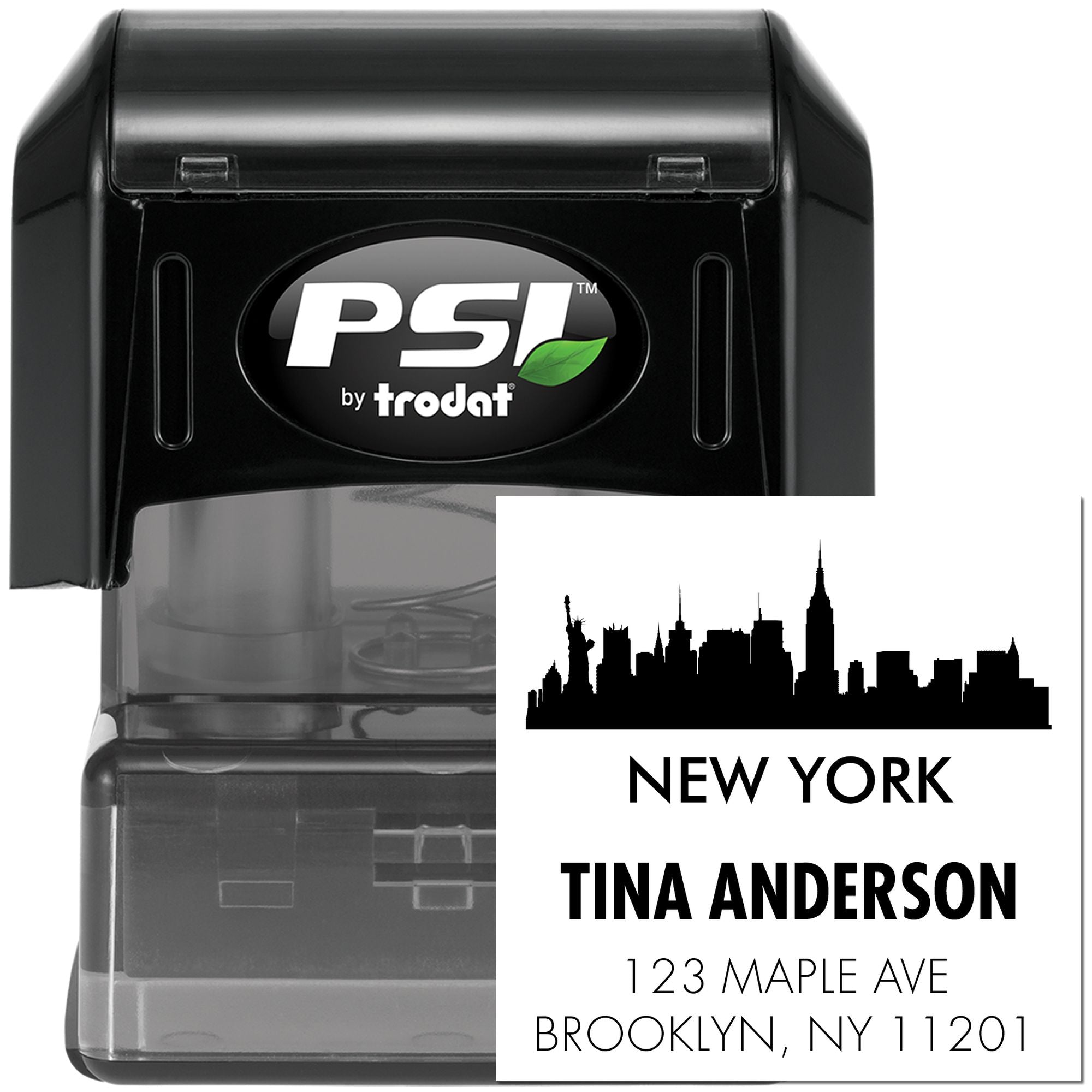 PSI by Trodat self-inking custom rubber address stamp with New York skyline, Tina Anderson, and Brooklyn, NY return address.