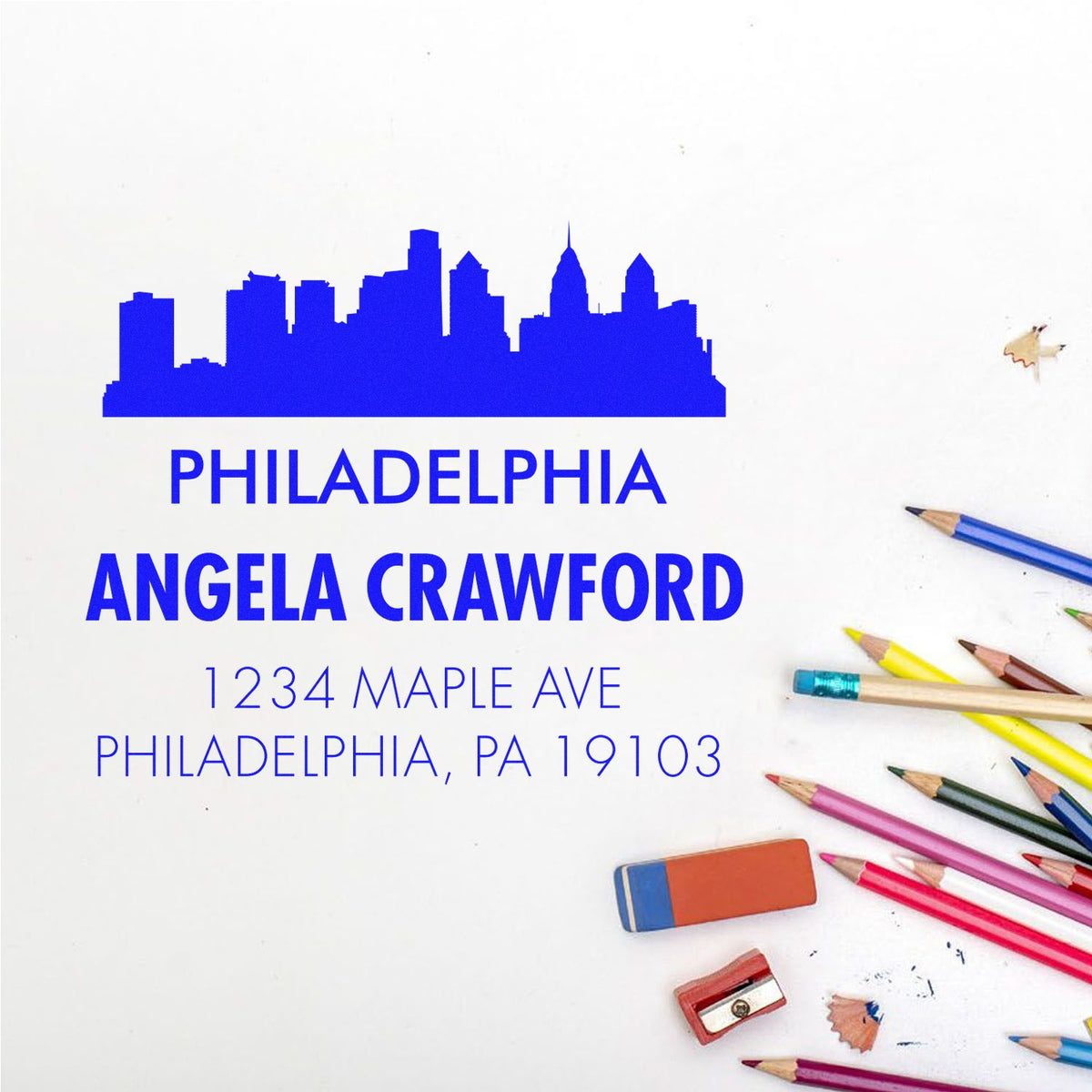 Custom Philadelphia return address rubber stamp with skyline, Angela Crawford, and 1234 Maple Ave for envelopes.