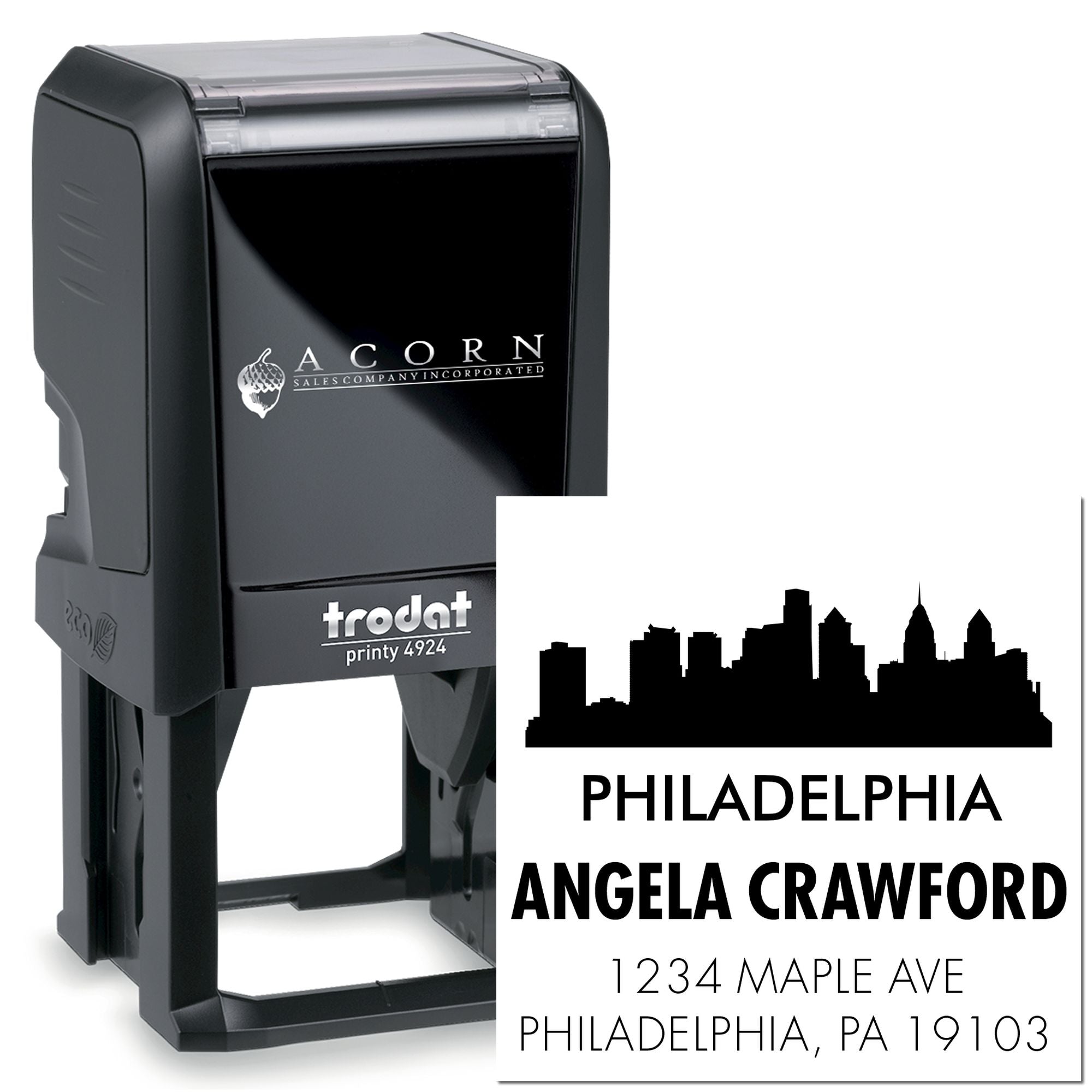 Personalized self-inking rubber address stamp with Philadelphia skyline, Angela Crawford name, and return address.