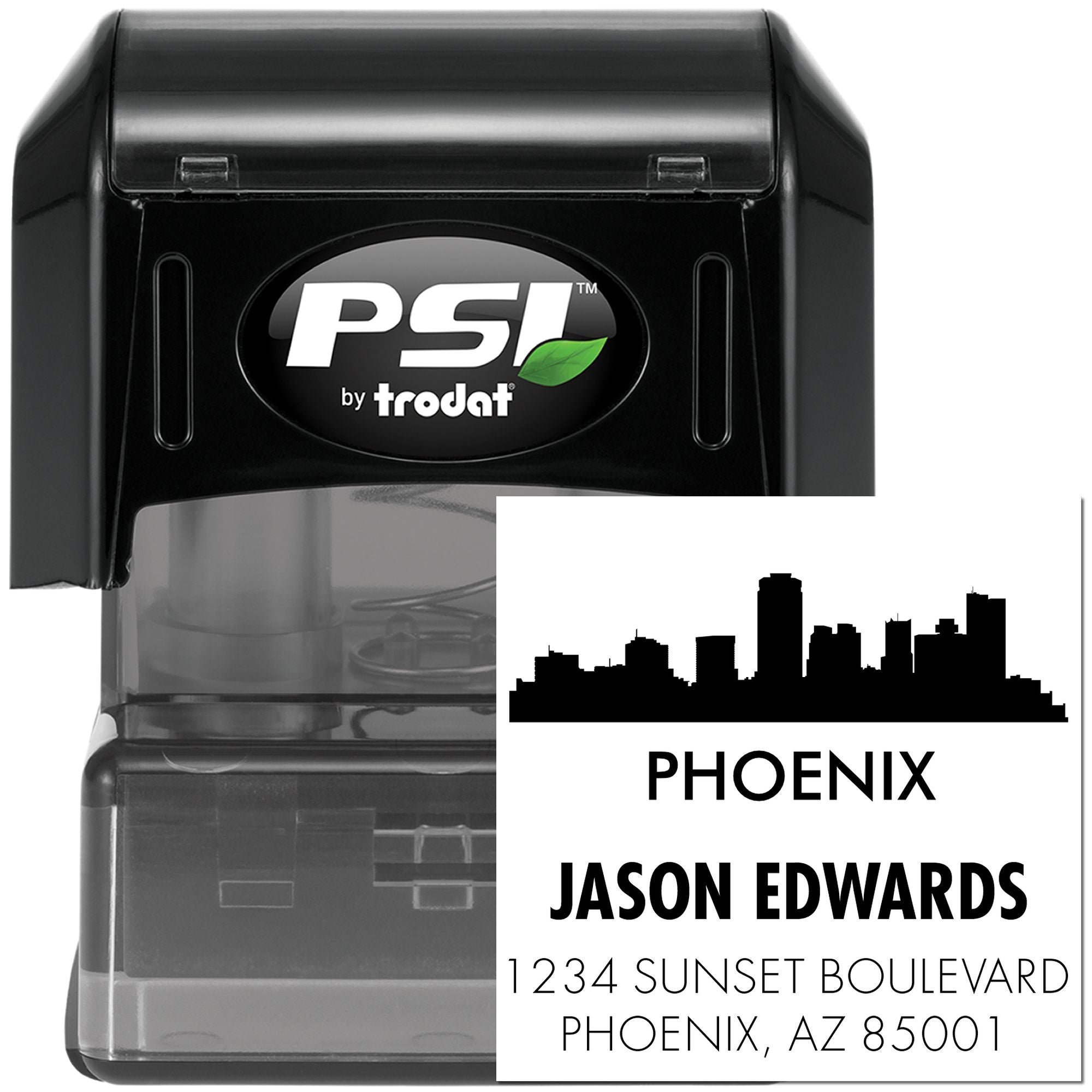 Custom self-inking rubber address stamp by PSI/Trodat for Phoenix, AZ mail, featuring Jason Edwards return address.