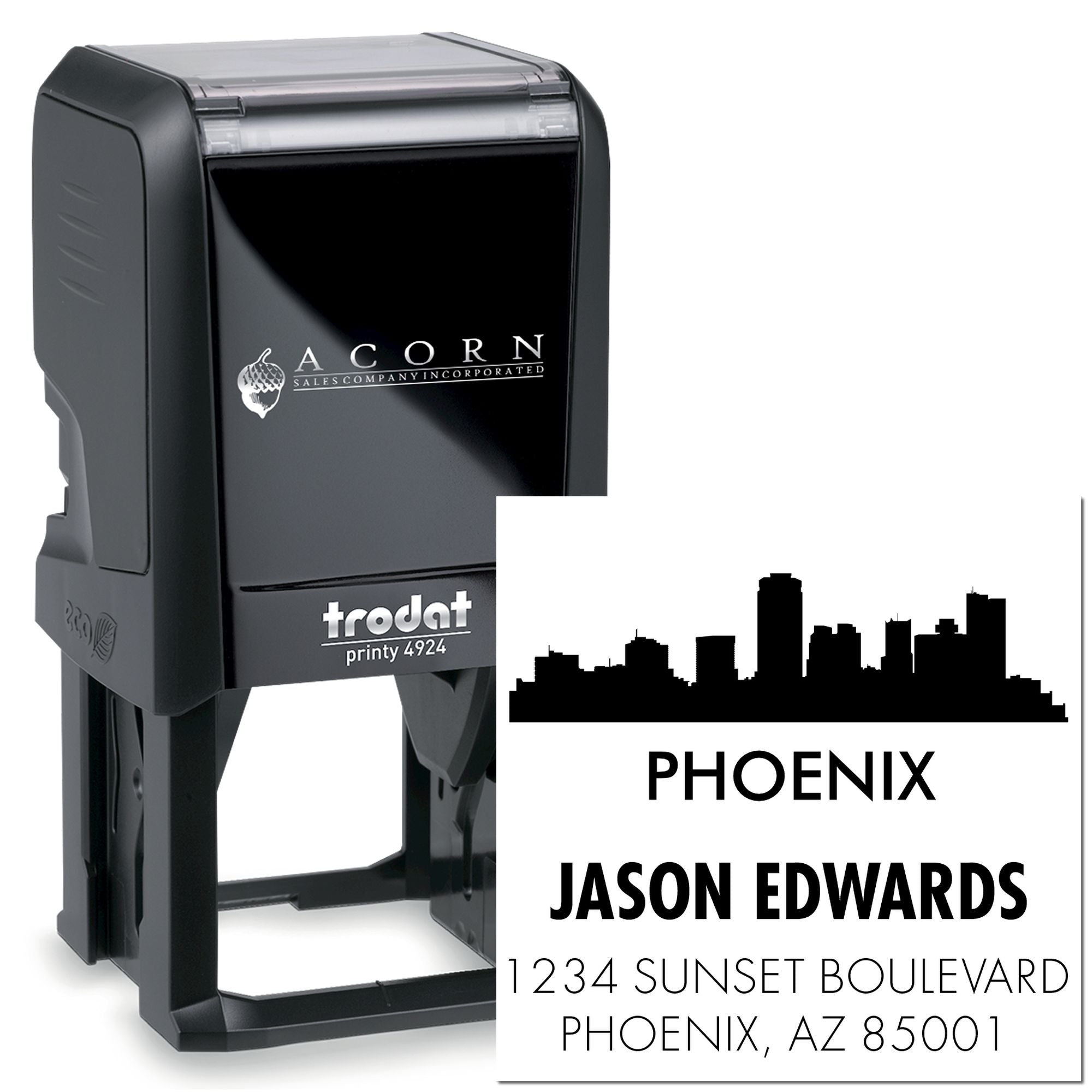 Trodat Printy 4924 custom self-inking address stamp with Phoenix skyline and Jason Edwards mailing details