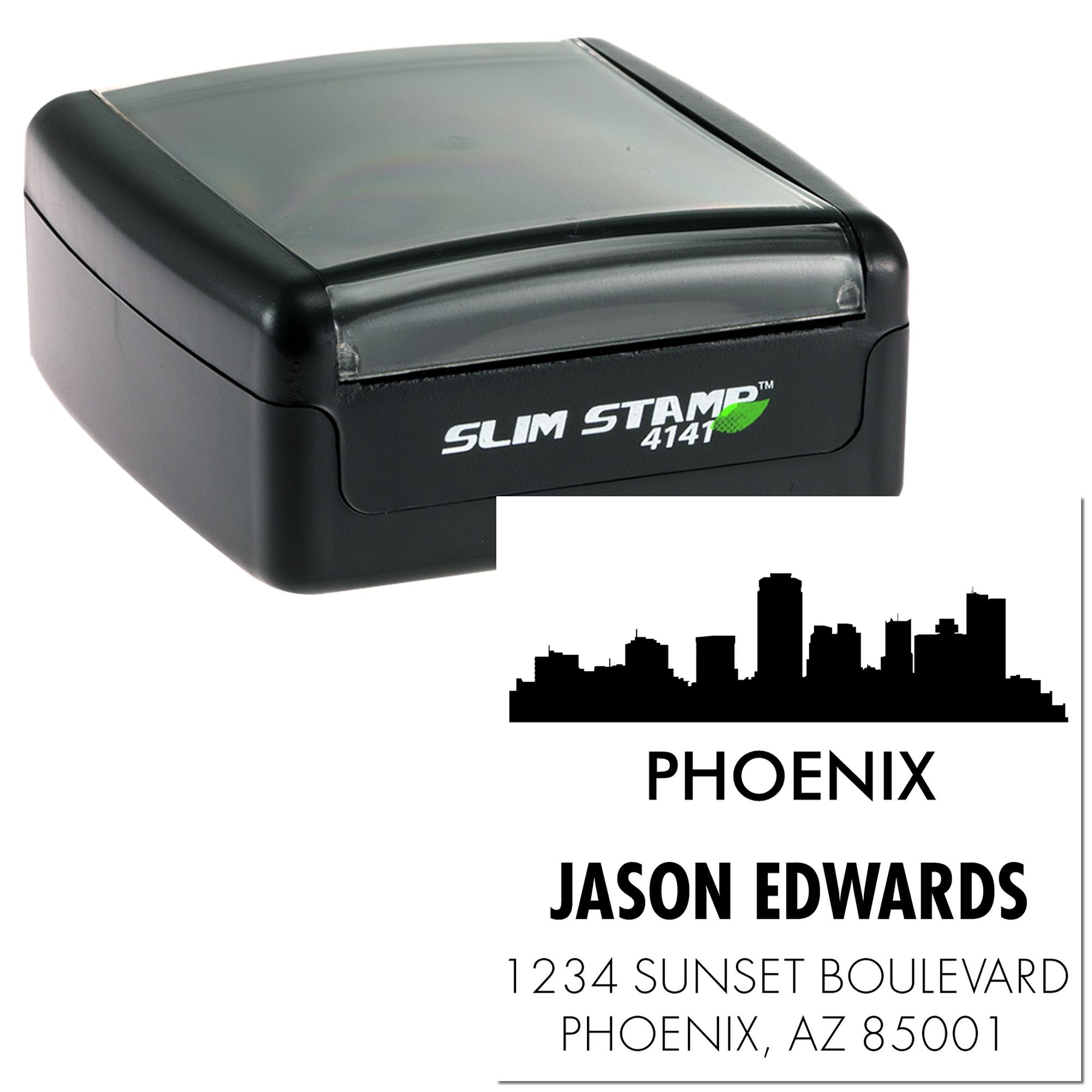 Custom self-inking rubber stamp with Phoenix skyline and Jason Edwards address imprint for business mailings.