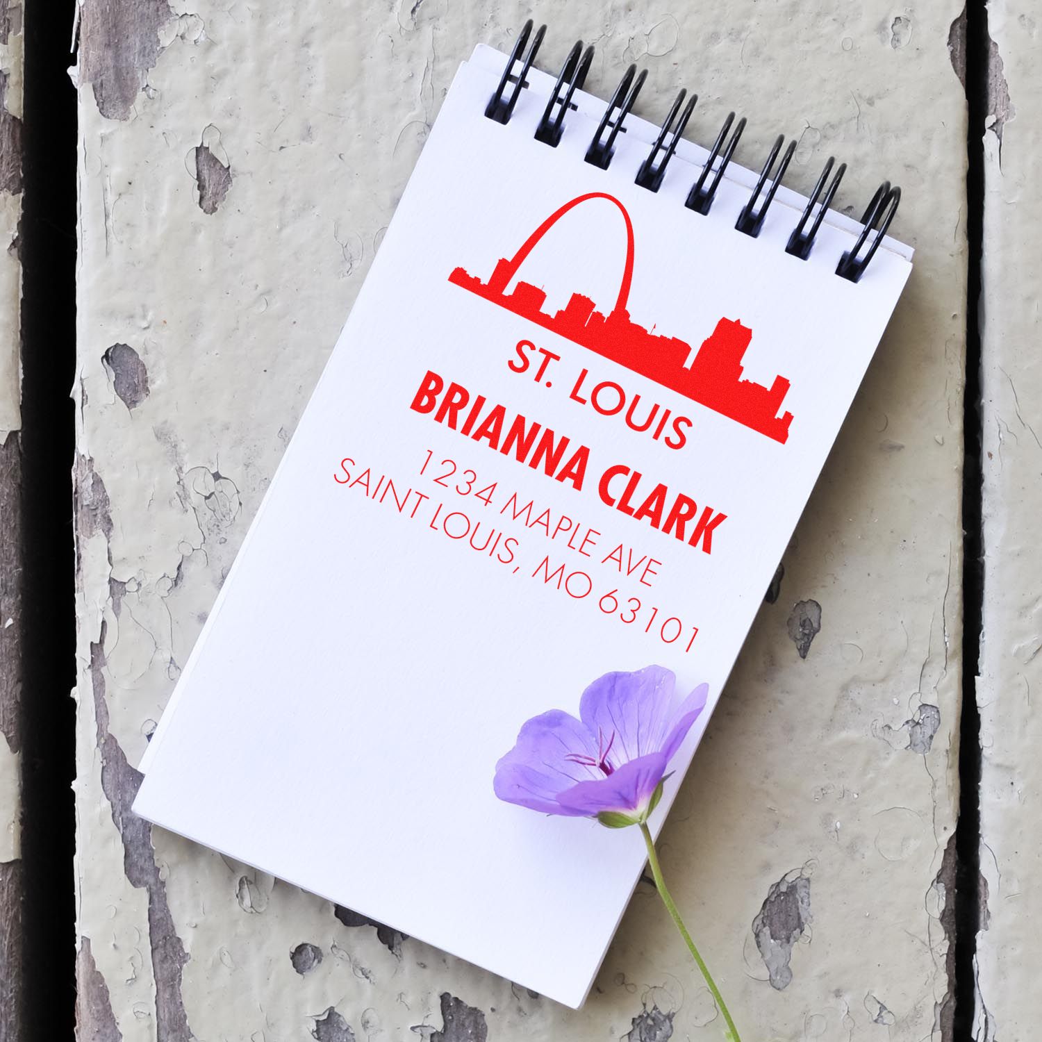 Personalized return address rubber stamp for Brianna Clark, St. Louis skyline design, 1234 Maple Ave, Saint Louis, MO 63101
