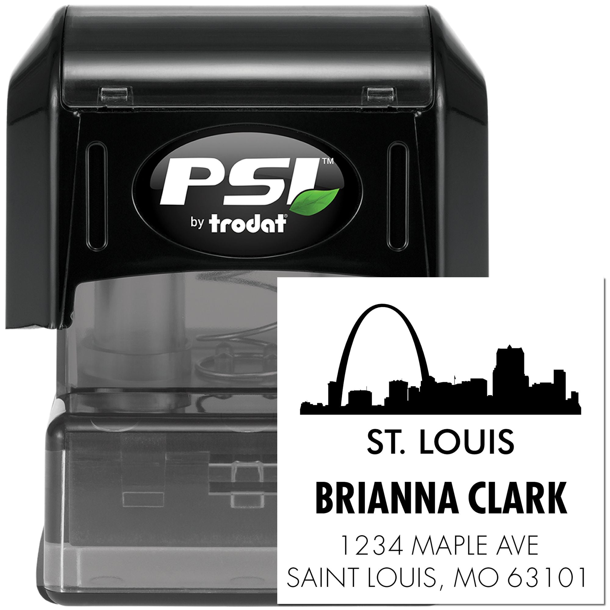 Custom self-inking return address stamp featuring St. Louis skyline and Brianna Clark address by PSI by Trodat.