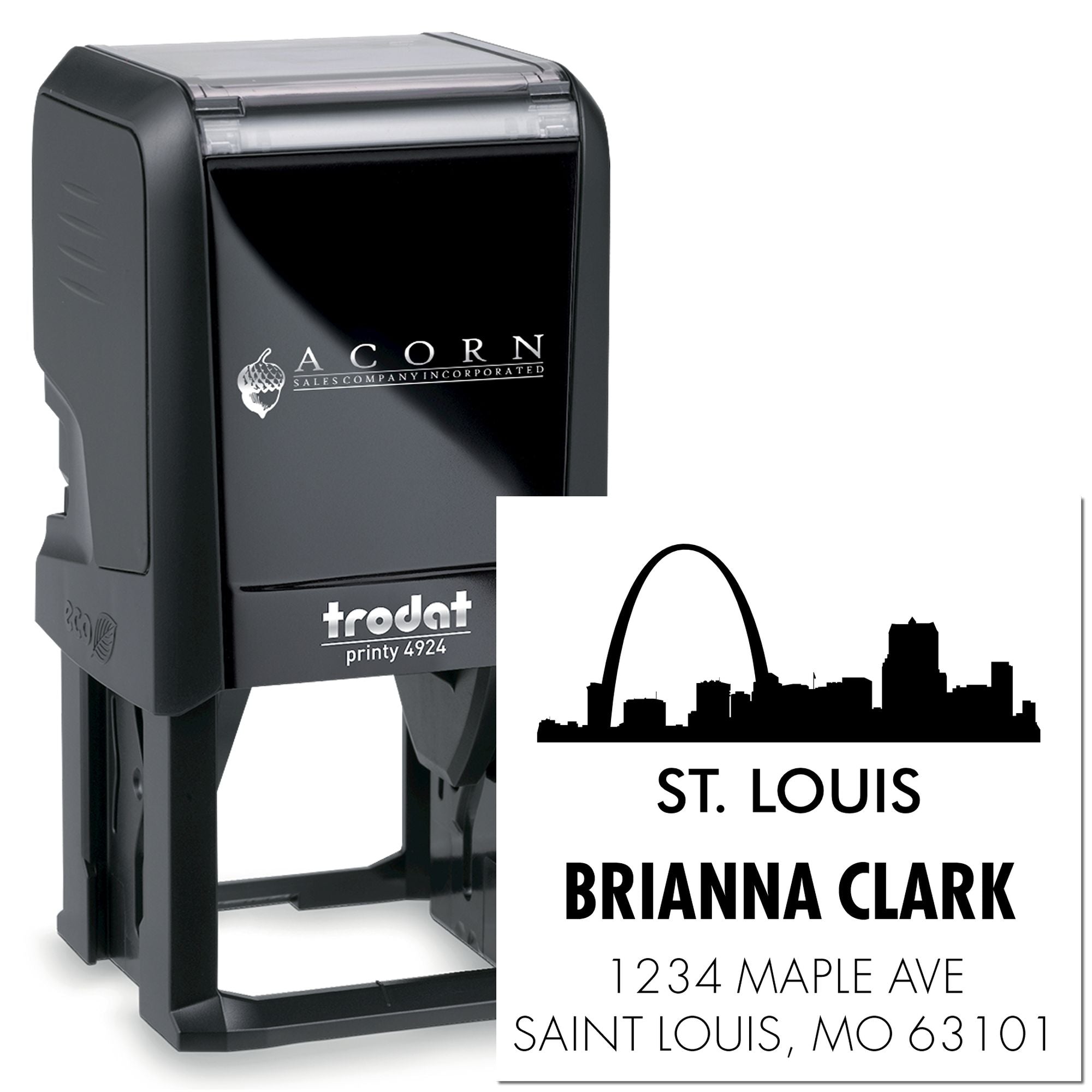 Personalized self-inking rubber address stamp with St. Louis skyline, Brianna Clark name, and custom return address.