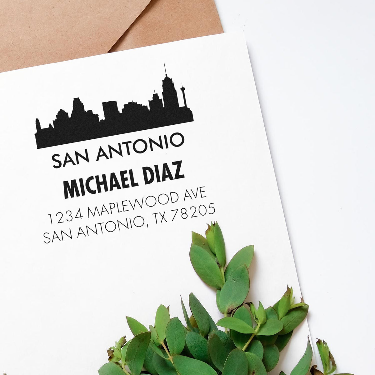 Custom San Antonio return address rubber stamp with skyline, name, and address for personalized envelopes.