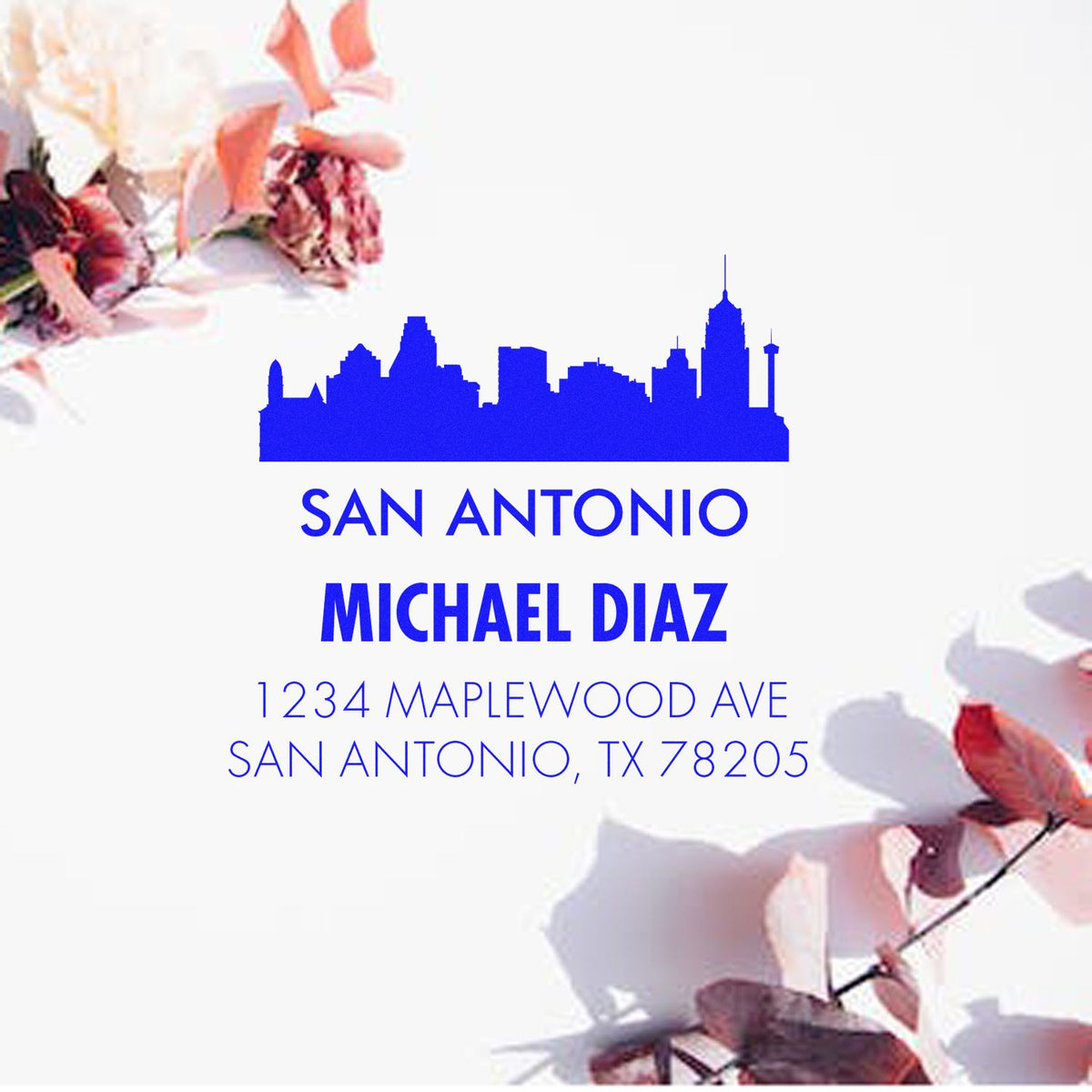 Custom San Antonio skyline return address rubber stamp with Michael Diaz, 1234 Maplewood Ave, San Antonio, TX 78205.