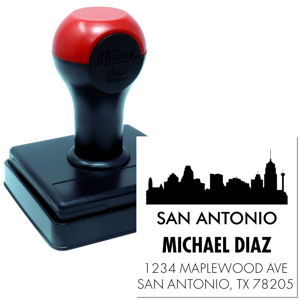 Custom self-inking return address rubber stamp with San Antonio skyline, personalized name, street address, and ZIP code.