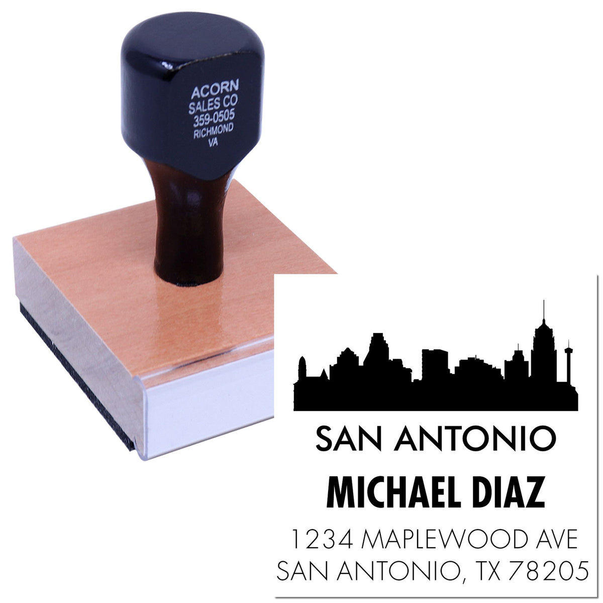 Custom self-inking rubber stamp for business address imprint with San Antonio skyline and personalized contact details.