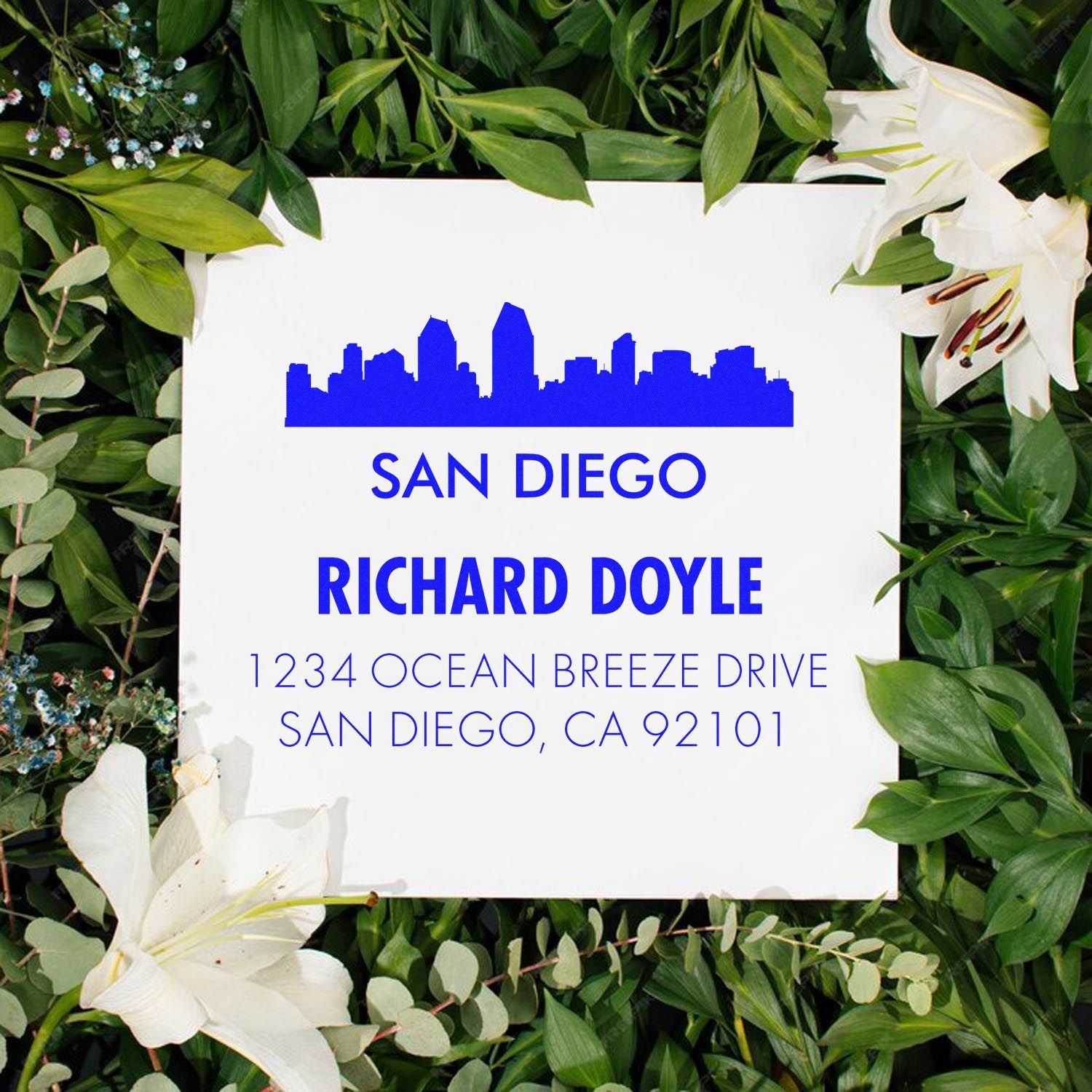 Custom San Diego return address rubber stamp with skyline, Richard Doyle name, and Ocean Breeze Drive mailing address.