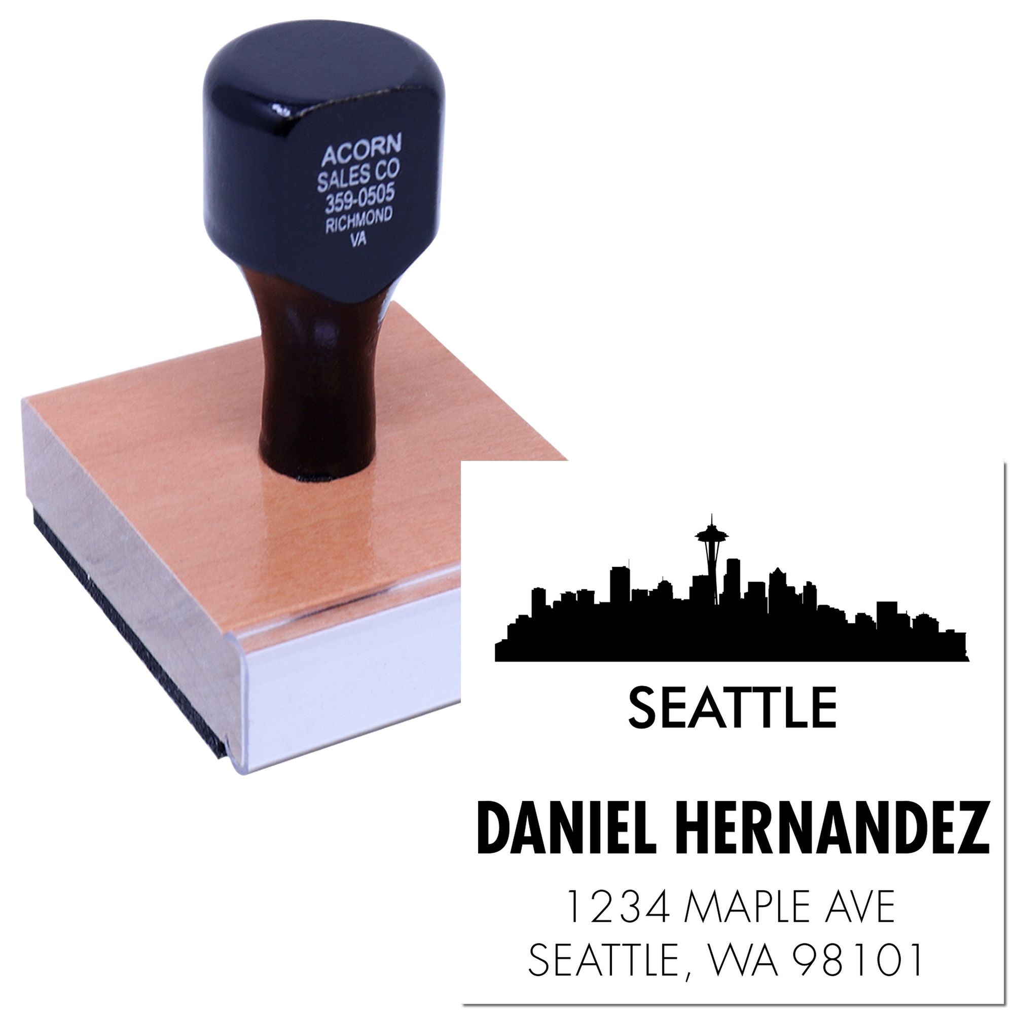 Personalized Seattle address rubber stamp with skyline for Daniel Hernandez, 1234 Maple Ave, Seattle, WA 98101.