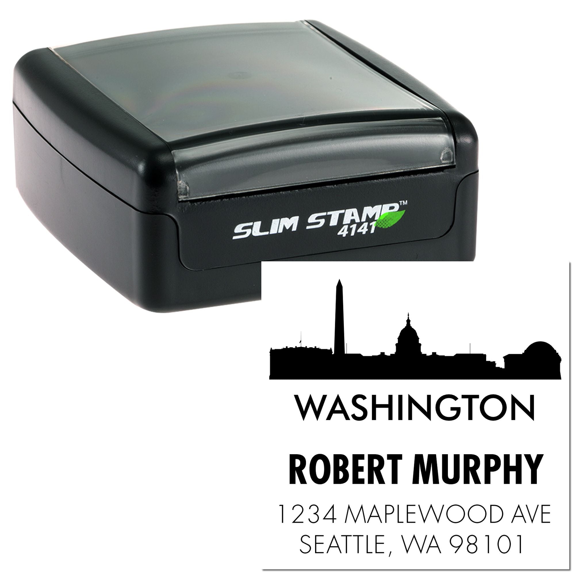 Custom self-inking rubber address stamp with Washington skyline, Robert Murphy name, and Seattle WA mailing address