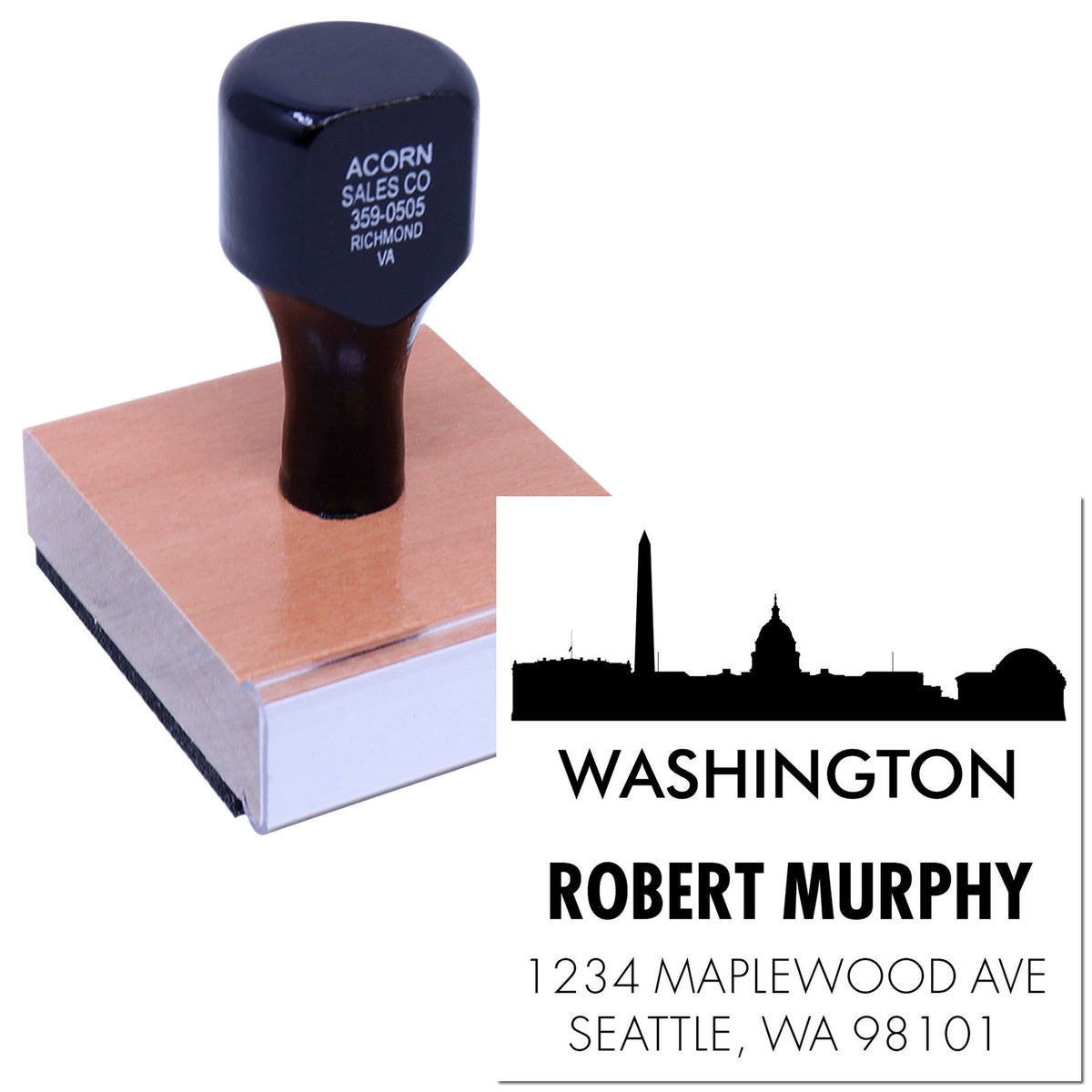Custom Washington address rubber stamp with skyline design and personalized return address for Robert Murphy.