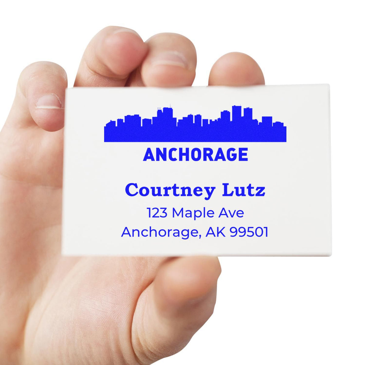Custom Anchorage address rubber stamp with skyline, Courtney Lutz, 123 Maple Ave, Anchorage, AK 99501