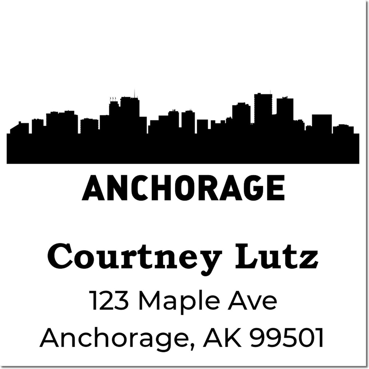 Custom Anchorage return address rubber stamp with skyline, Courtney Lutz, 123 Maple Ave, Anchorage, AK 99501.
