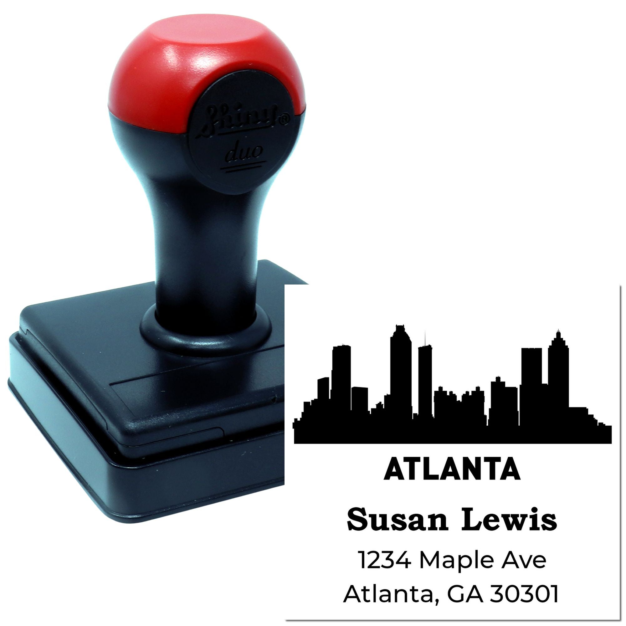 Custom self-inking rubber address stamp with Atlanta skyline design and personalized name and address imprint