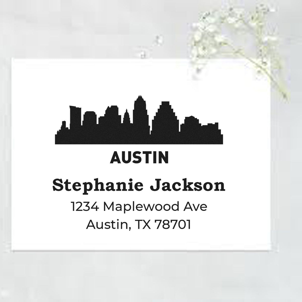 Custom Austin skyline address stamp for Stephanie Jackson, 1234 Maplewood Ave, Austin, TX 78701.