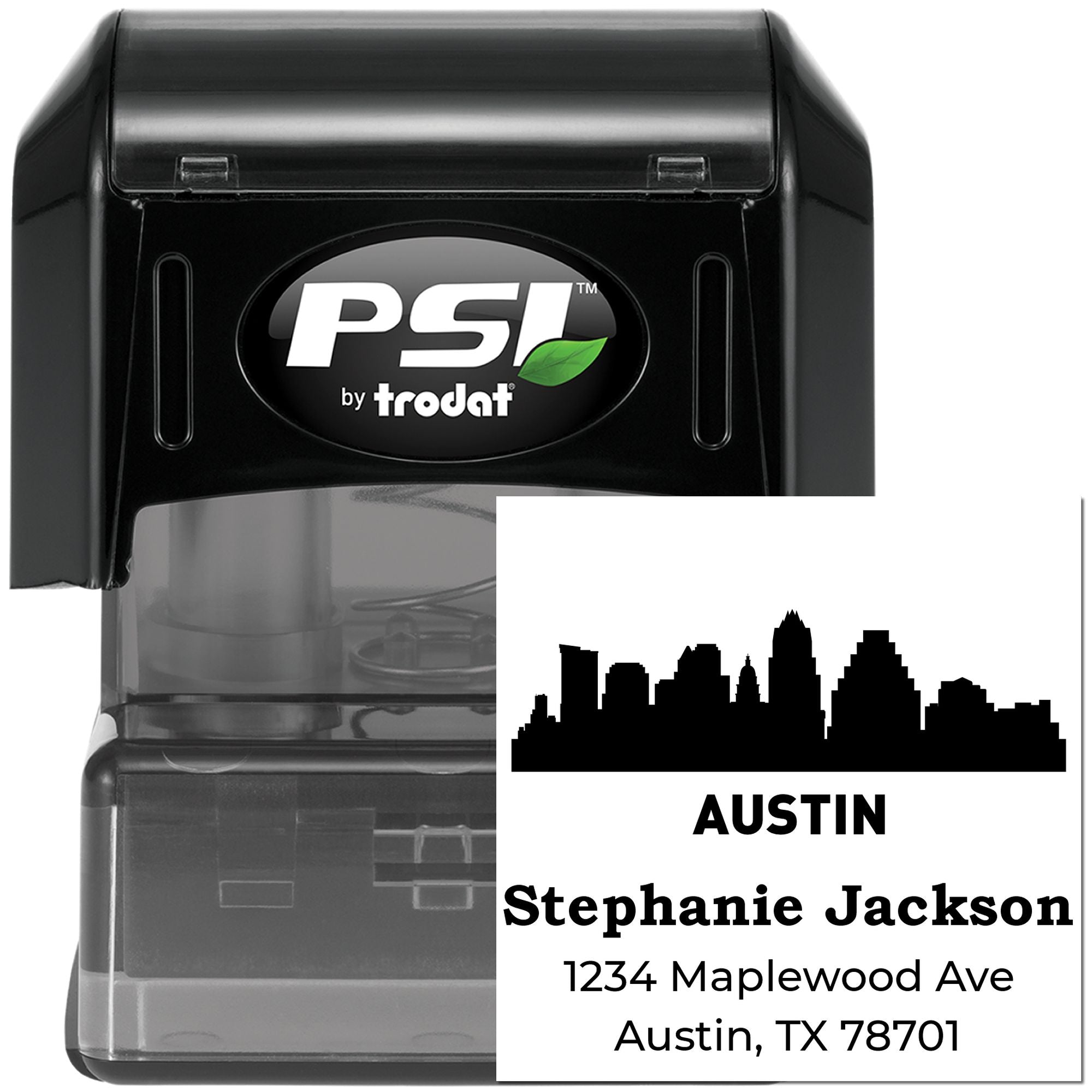 Custom self-inking address rubber stamp by Trodat PSI with Austin skyline, Stephanie Jackson name, and Austin, TX address.