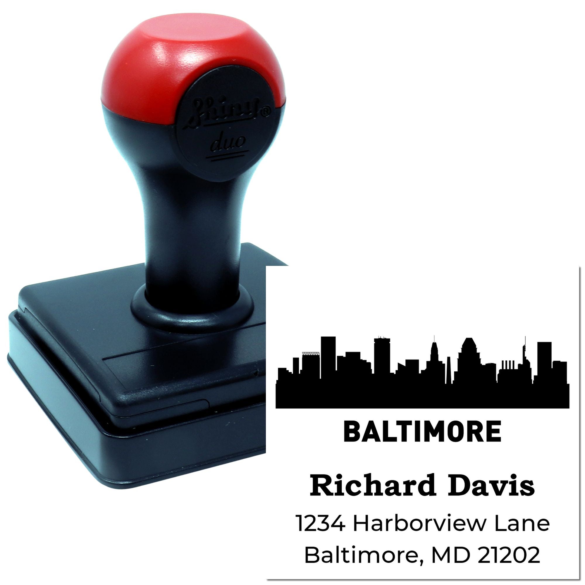 Custom self-inking rubber stamp with Baltimore skyline return address design for personalized mailing and business use.