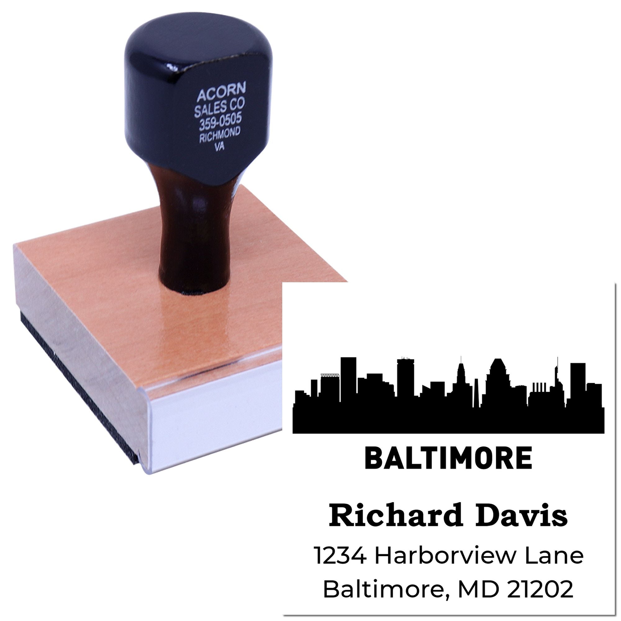 Custom Baltimore skyline address rubber stamp with name and street address for personalized business mailings.