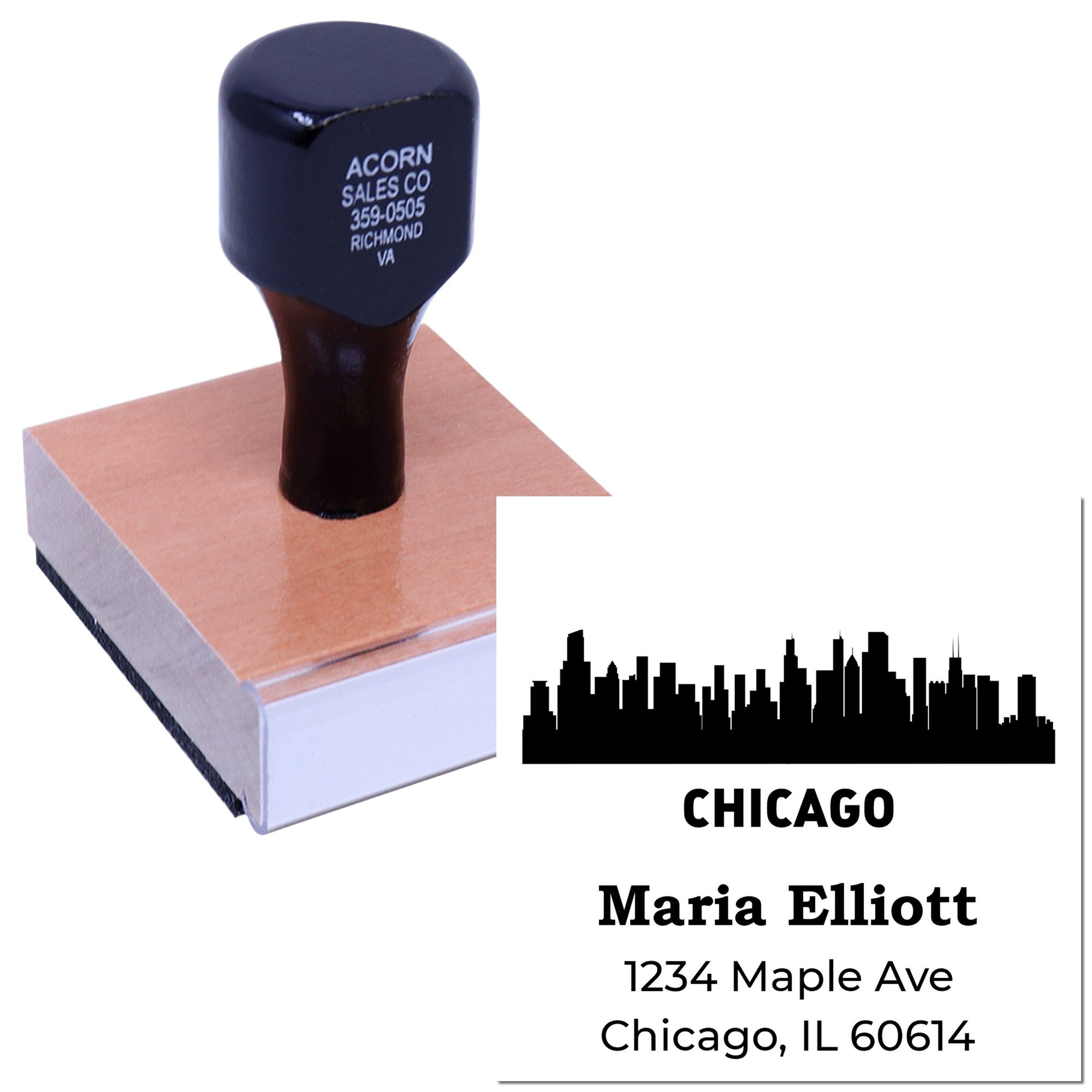 Personalized Chicago return address rubber stamp featuring skyline design, name, and address imprint.