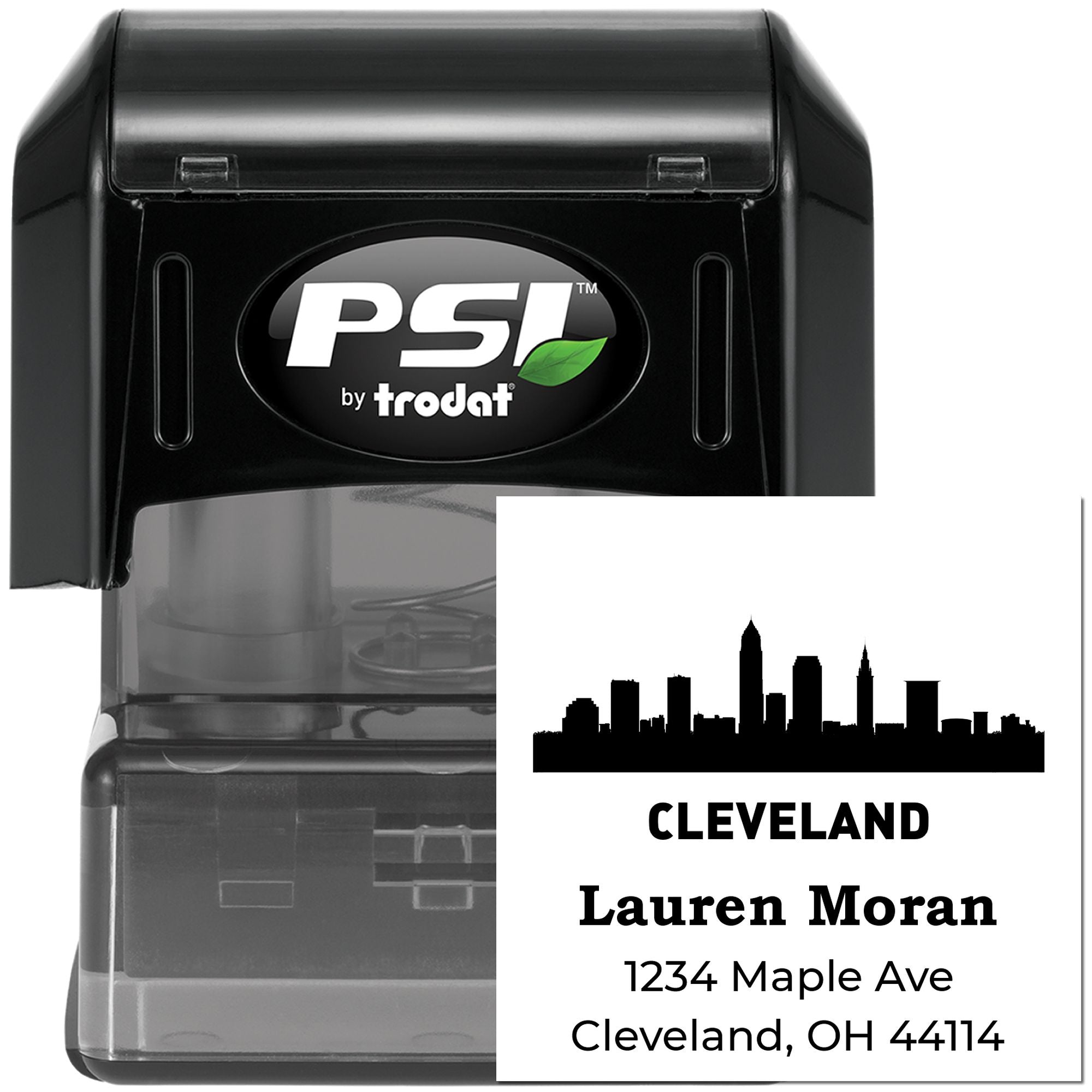 Custom Cleveland self-inking rubber address stamp with skyline design, personalized name and address for mail and business use.