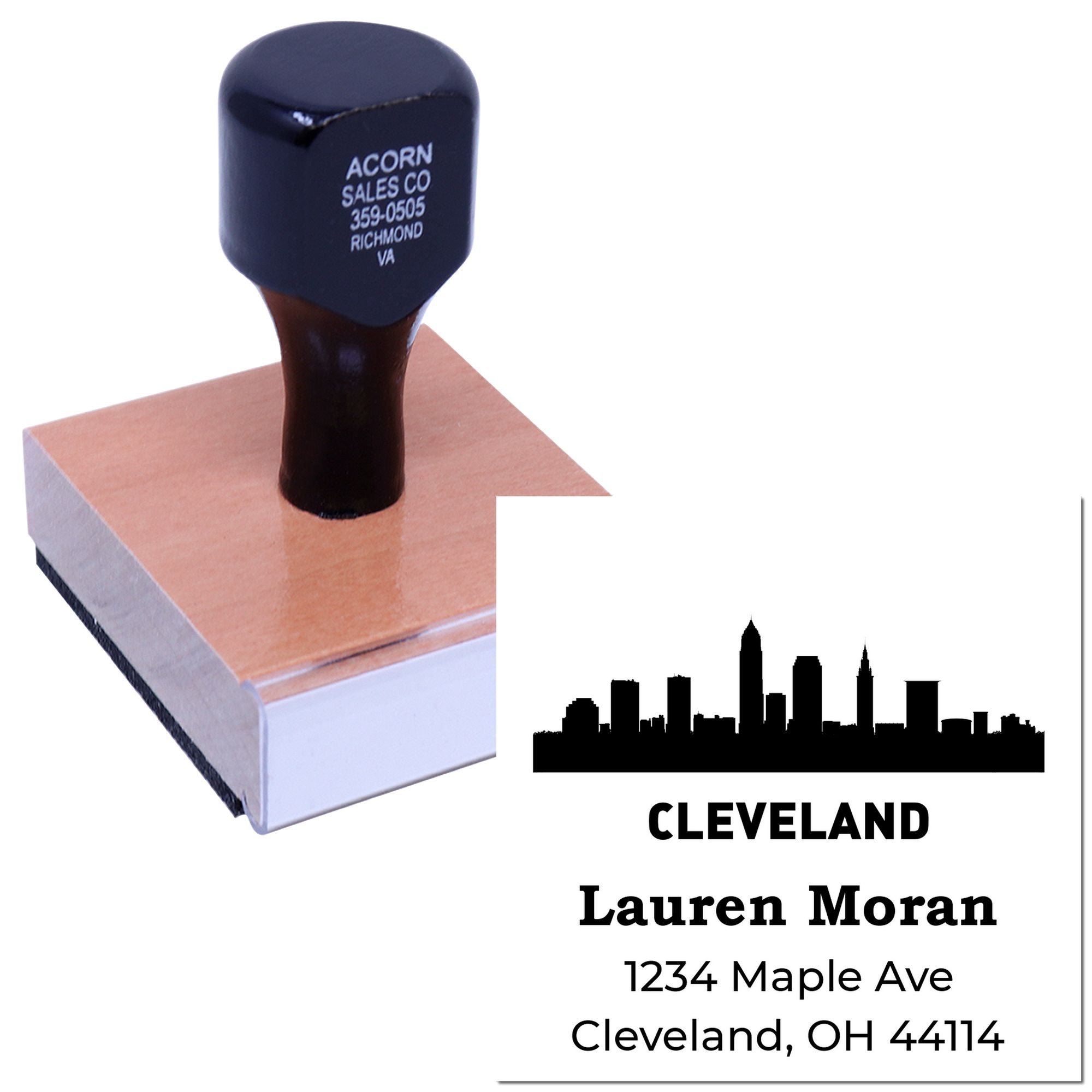Custom Cleveland return address rubber stamp with skyline design, name, and street address for mailing labels.