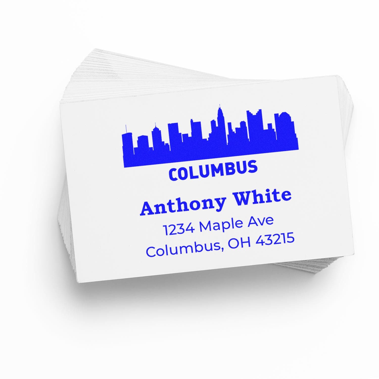 Custom Columbus return address rubber stamp with skyline logo for Anthony White, 1234 Maple Ave, Columbus, OH 43215.