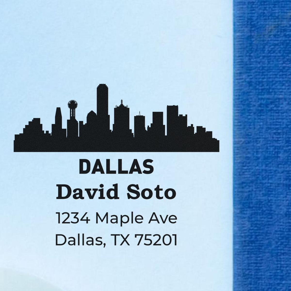 Dallas skyline address rubber stamp with David Soto, 1234 Maple Ave, Dallas, TX 75201