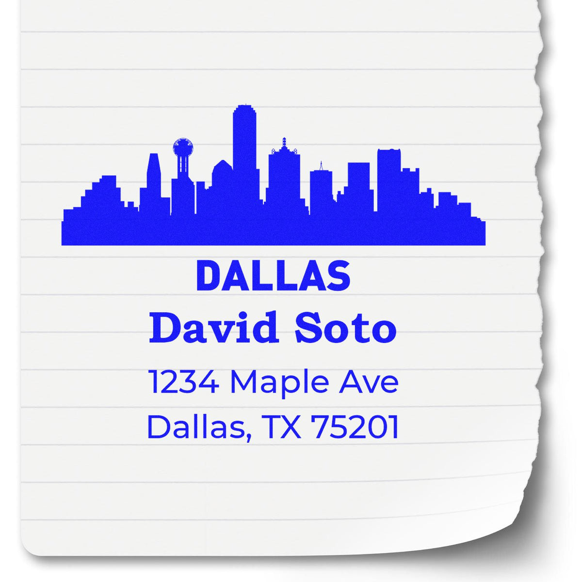 Custom Dallas skyline address rubber stamp for David Soto, 1234 Maple Ave, Dallas, TX 75201.