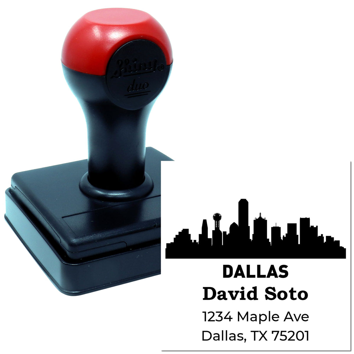 Custom self-inking rubber address stamp with Dallas skyline imprint for personalized mailing and business use
