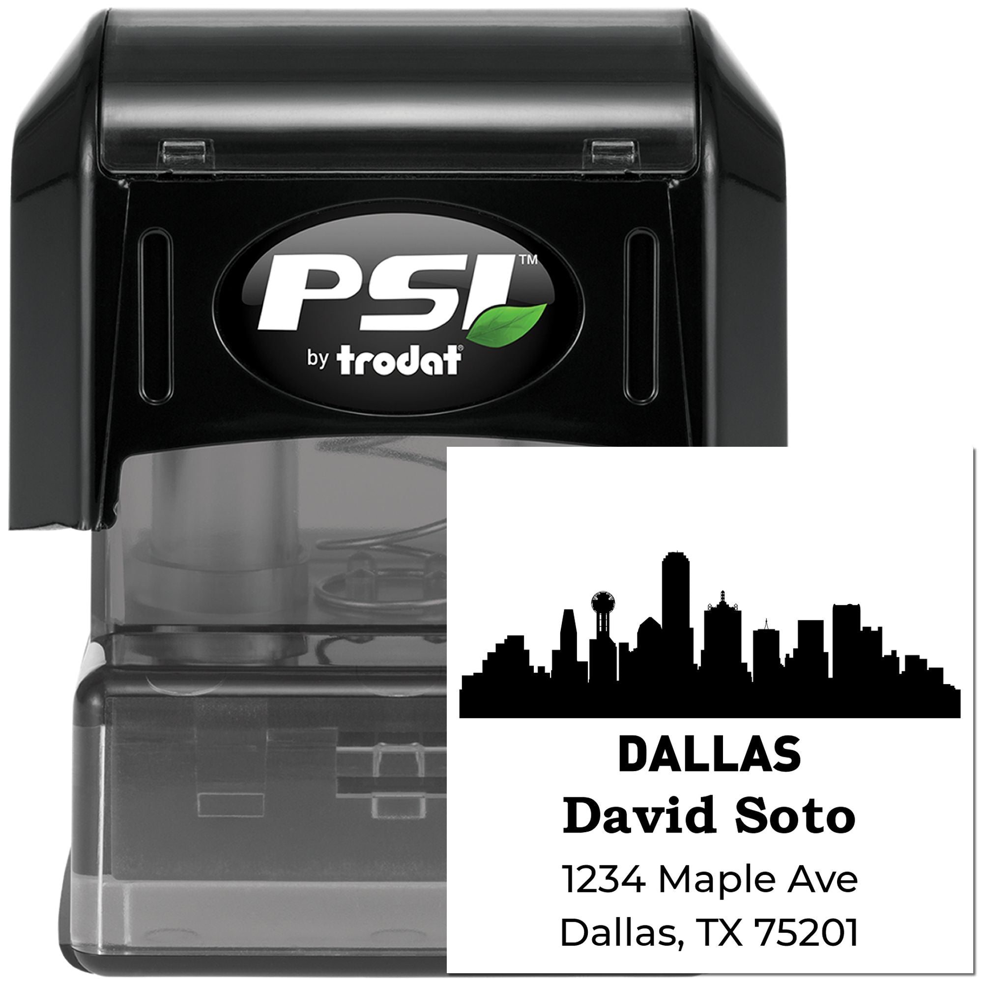 Custom self-inking rubber stamp with Dallas skyline address design by PSI by Trodat, personalized return address stamp.