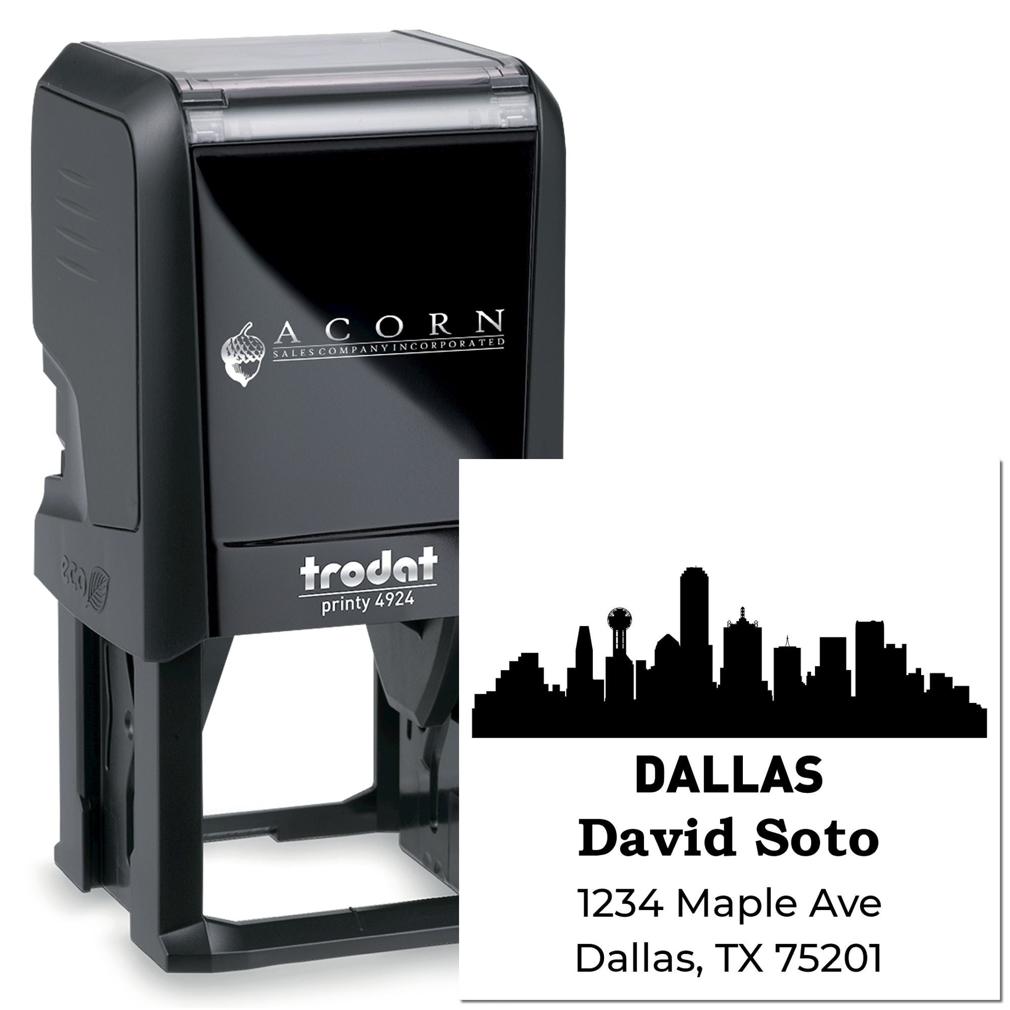 Custom self-inking rubber stamp with Dallas skyline return address, ideal for personalized business mailings.