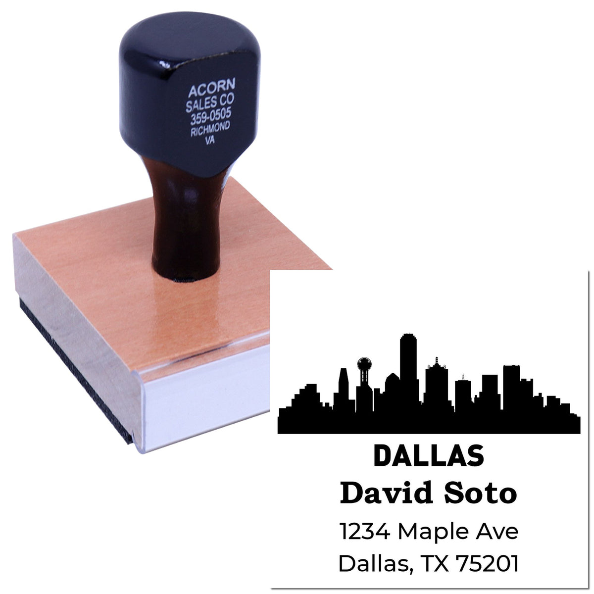 Custom address rubber stamp with Dallas skyline design for business mail, featuring David Soto and a Dallas, TX return address.