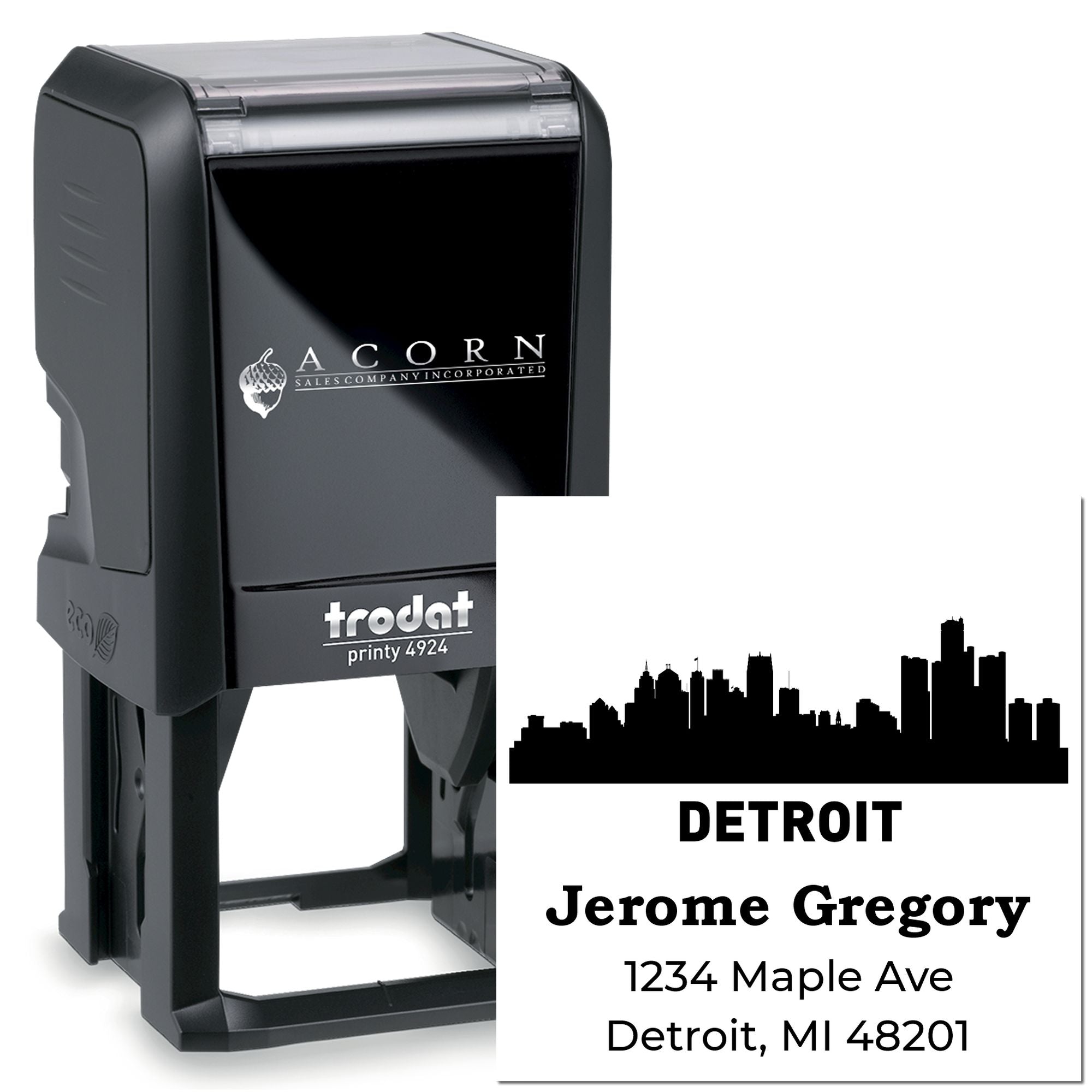 Custom self-inking Trodat Printy 4924 rubber address stamp with Detroit skyline and Jerome Gregory return address.