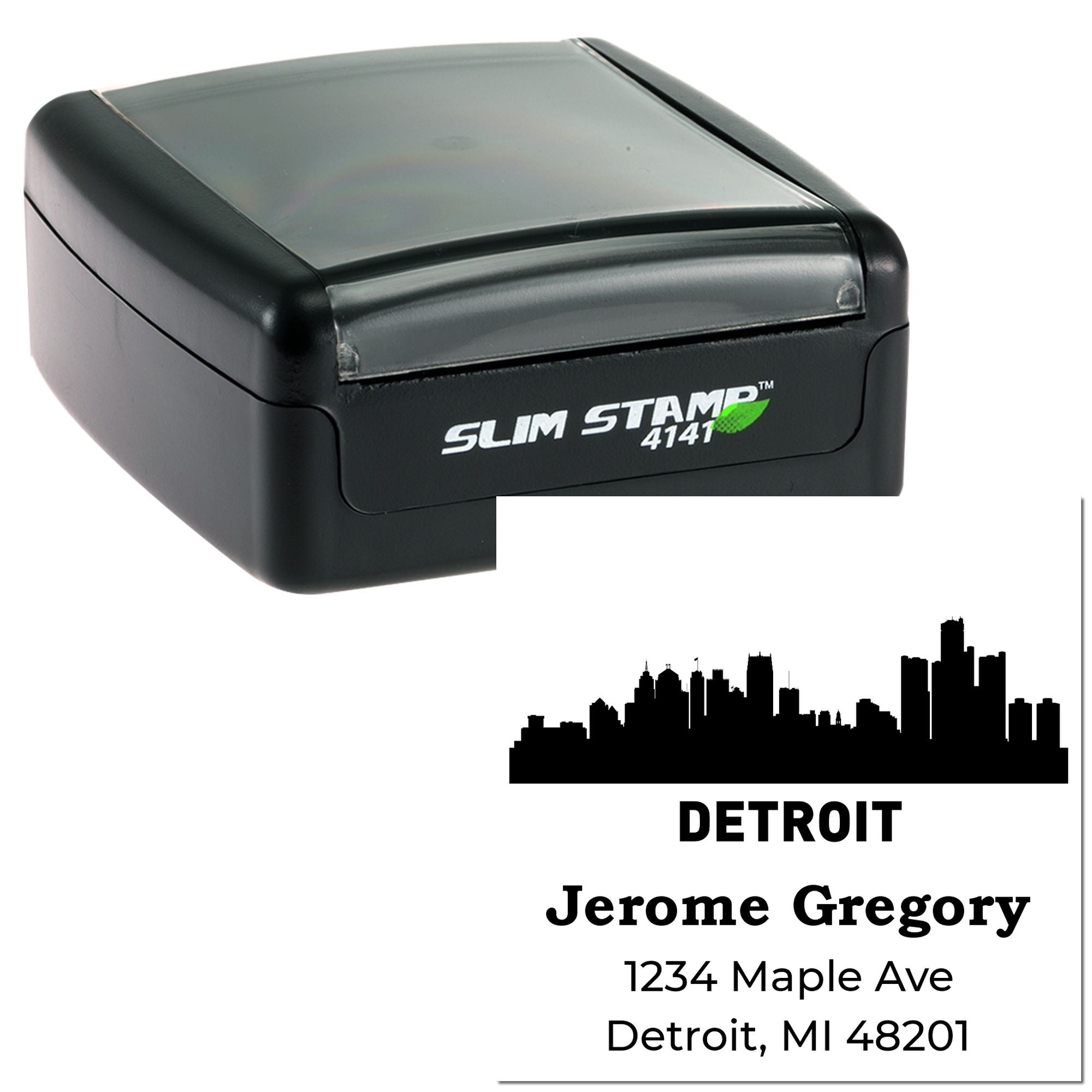 Custom self-inking Detroit address rubber stamp with skyline design for personalized business mailing and packaging