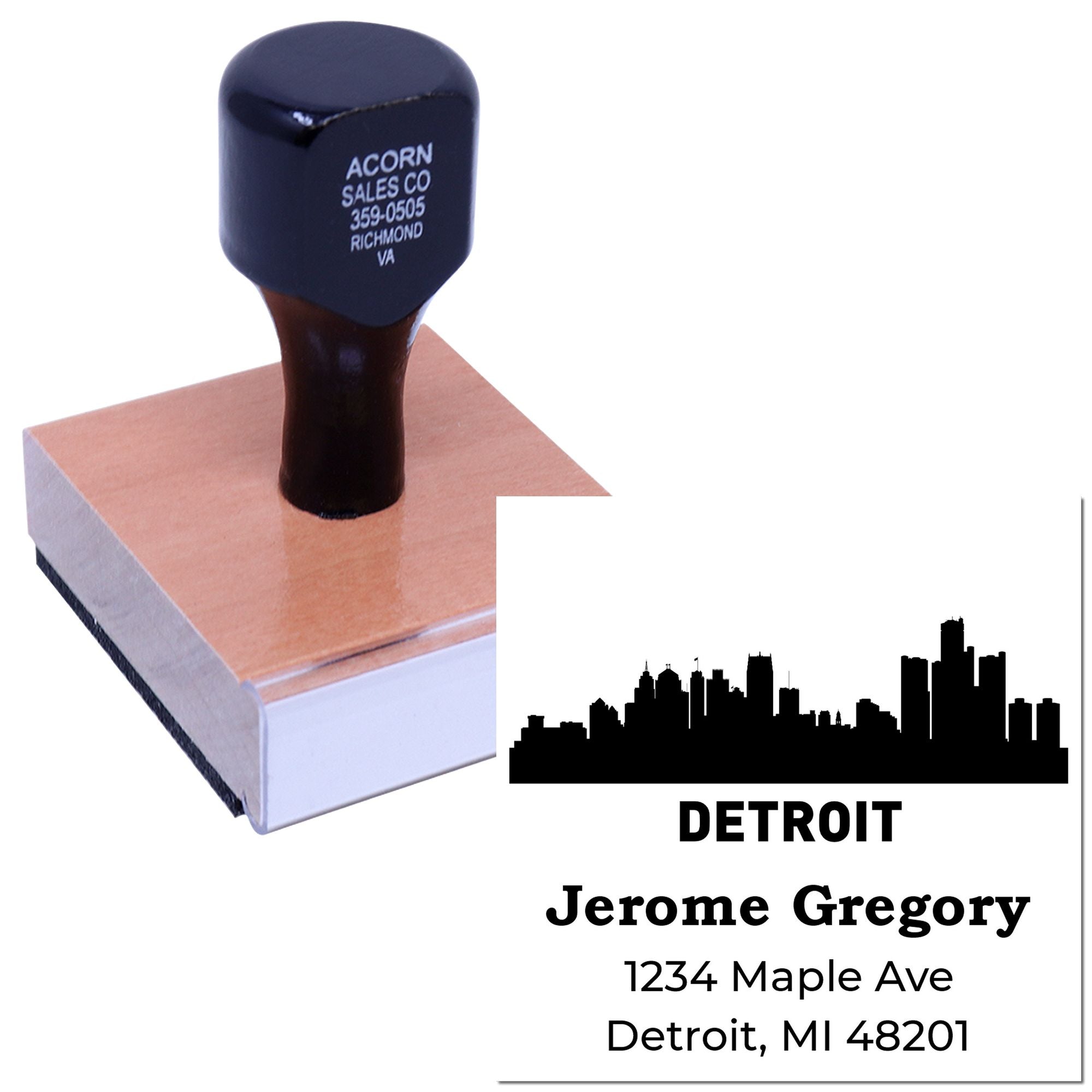 Custom Detroit address rubber stamp with skyline design and personalized name, street address, and ZIP code.