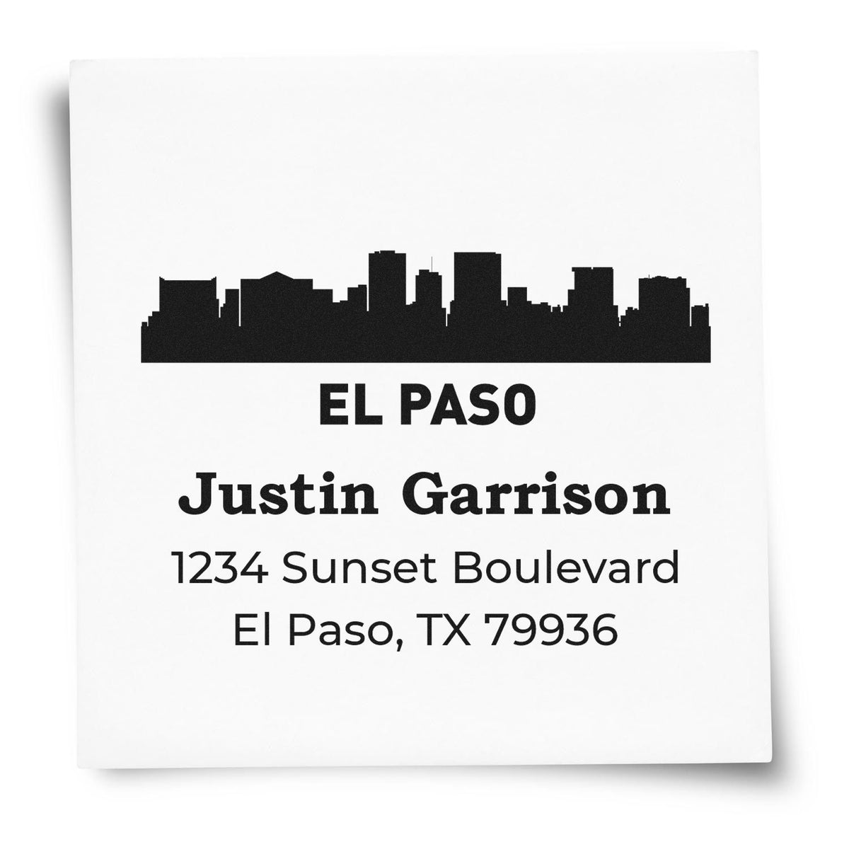 Custom El Paso return address rubber stamp with skyline, name, street address, and ZIP code for mailing and branding.