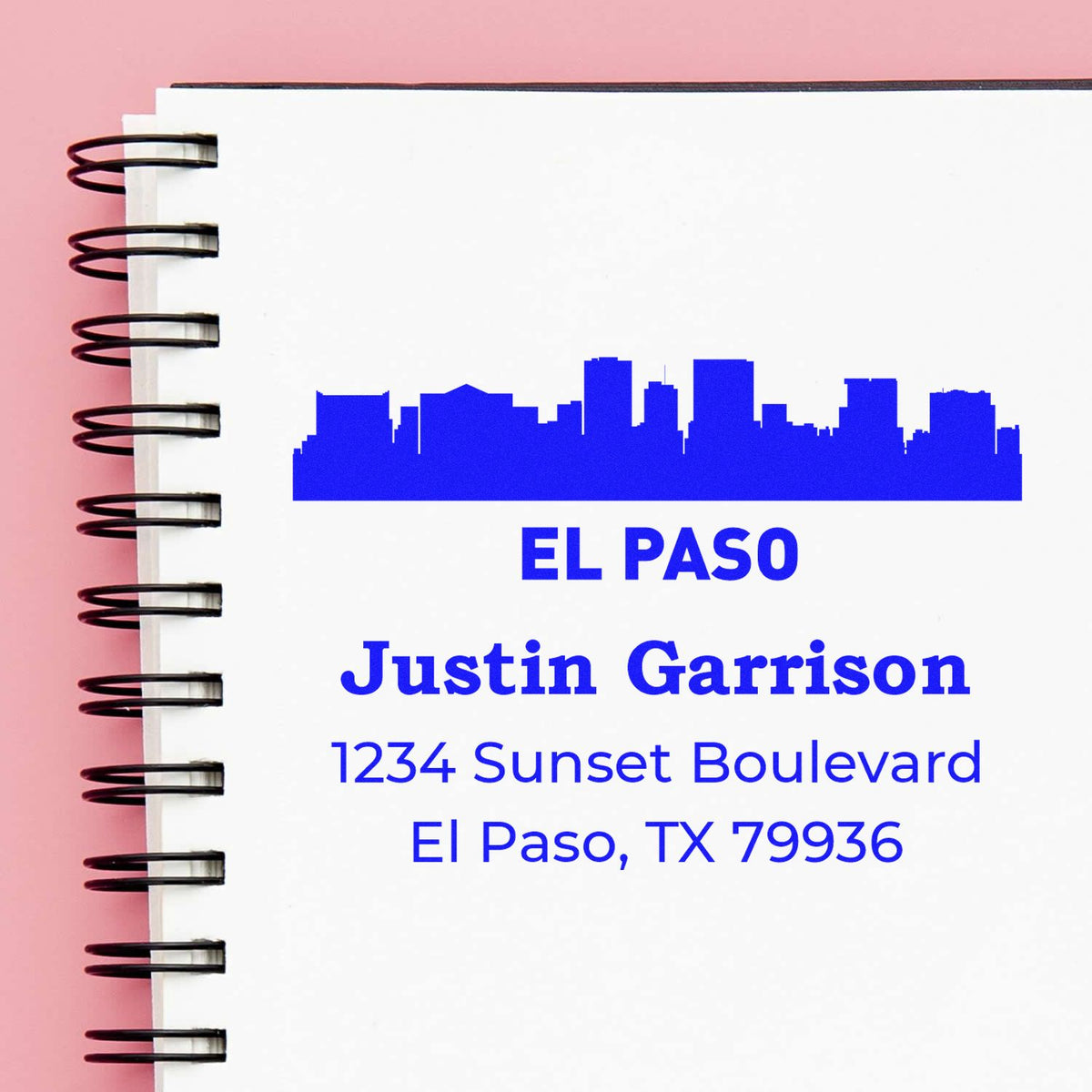 Custom El Paso address rubber stamp with skyline, Justin Garrison, 1234 Sunset Boulevard, El Paso, TX 79936.