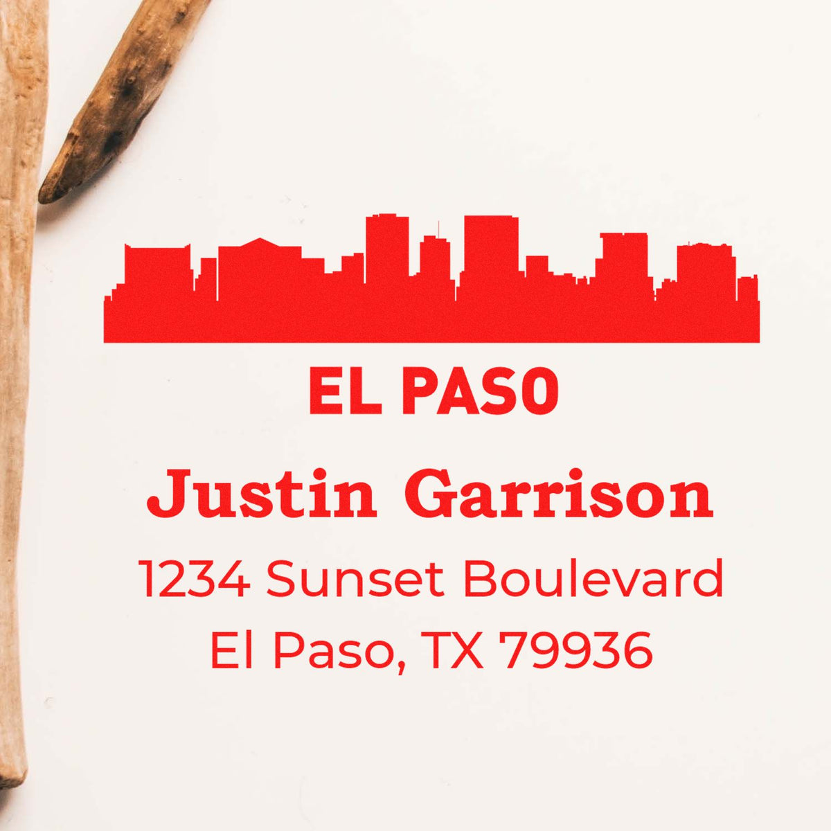Custom return address rubber stamp with El Paso skyline, Justin Garrison, and mailing address.