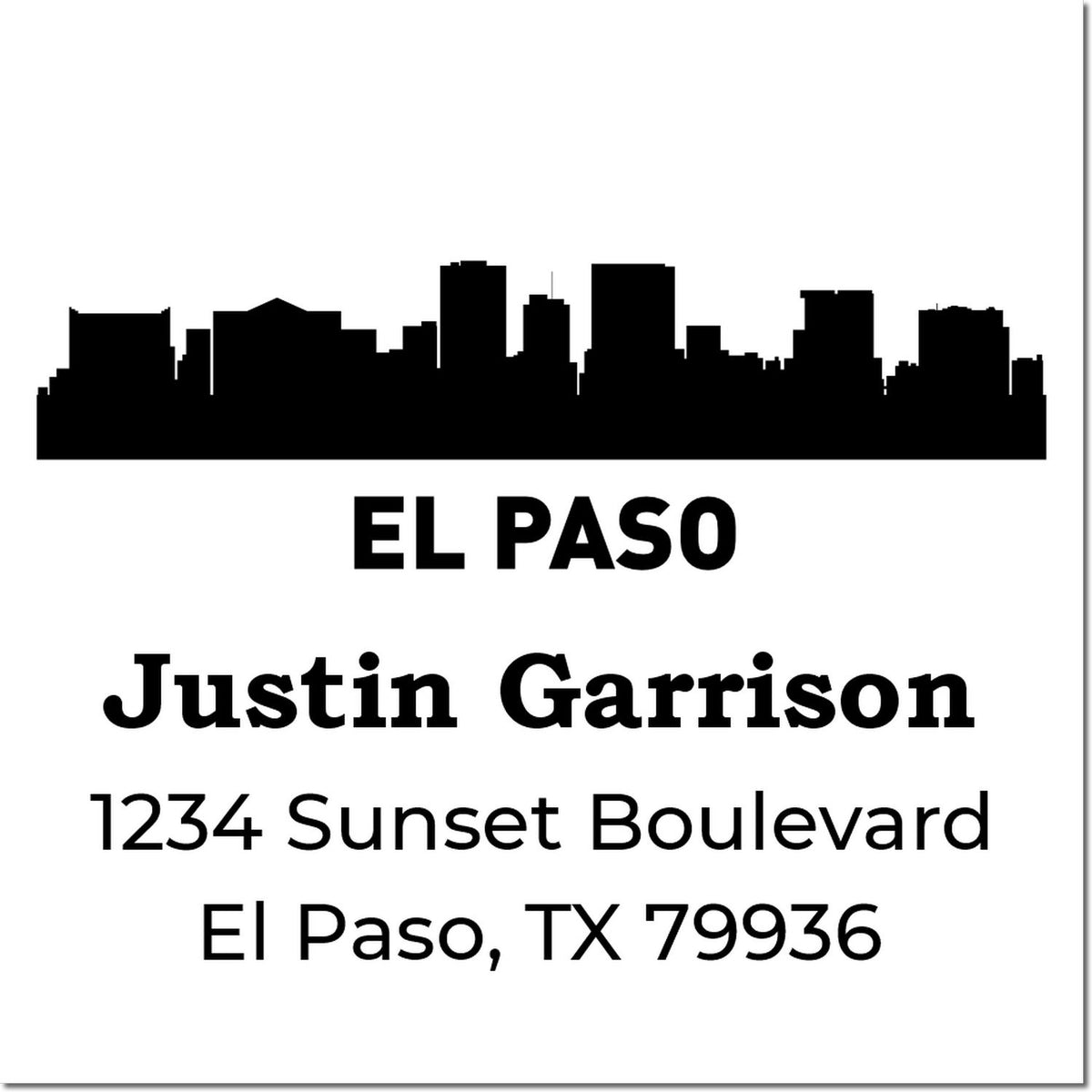 Custom El Paso address rubber stamp with skyline, Justin Garrison, 1234 Sunset Boulevard, El Paso, TX 79936