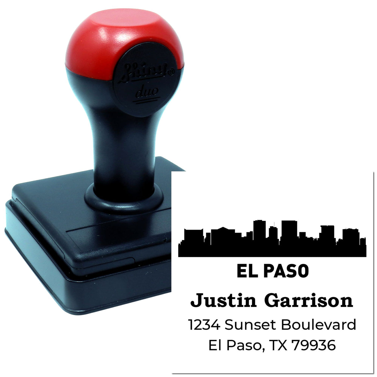Custom self-inking rubber address stamp with El Paso skyline, name, and return address for mailing.