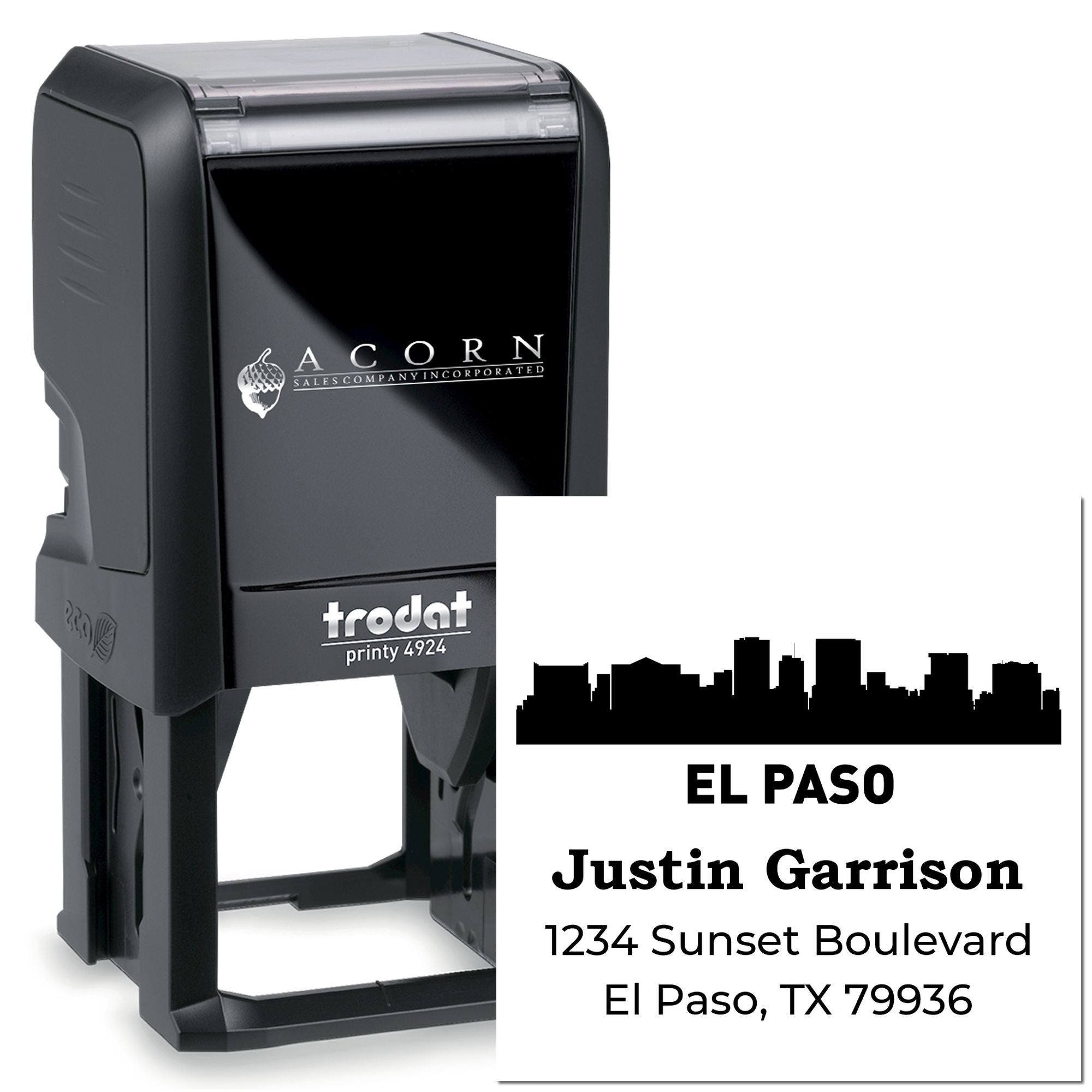 Custom self-inking rubber stamp with personalized business address, city skyline, and name for El Paso, TX.